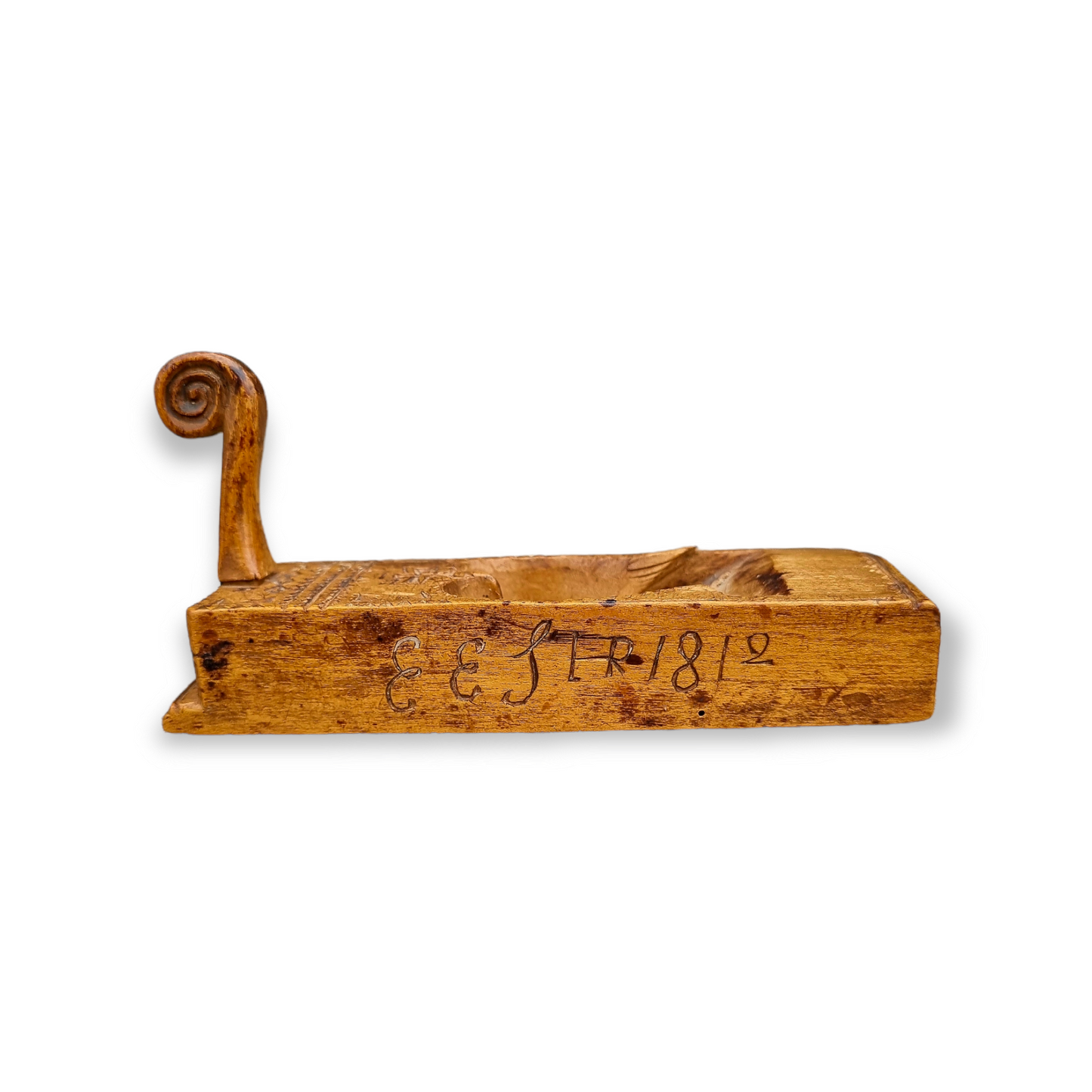 Diminutive 19th Century Scandinavian Antique Treen Box Plane, Bearing the Initials "EES" & Dated "1812"