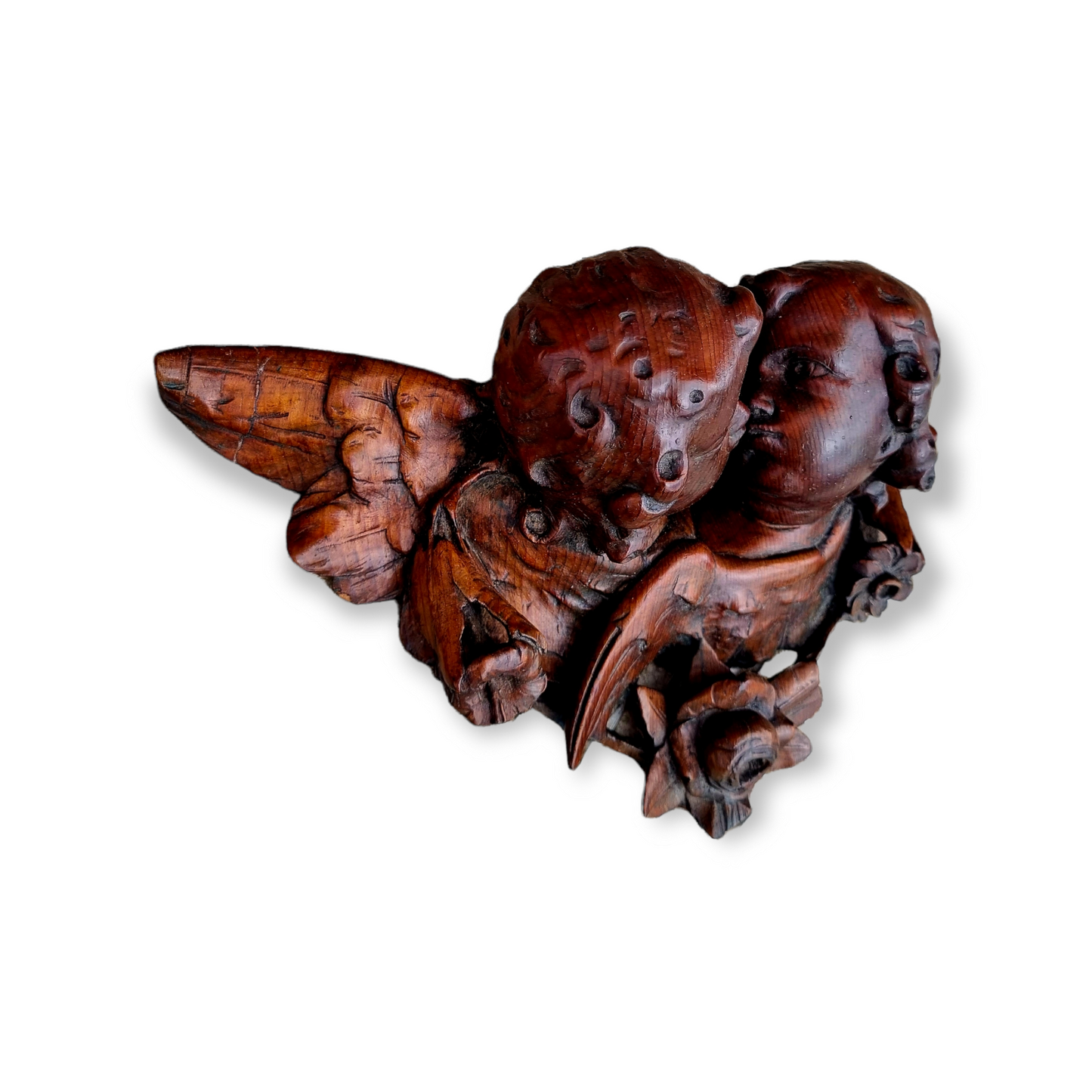 Decorative 19th Century Antique Carved Pine Depiction of Two Winged Cherubs / Putti Kissing