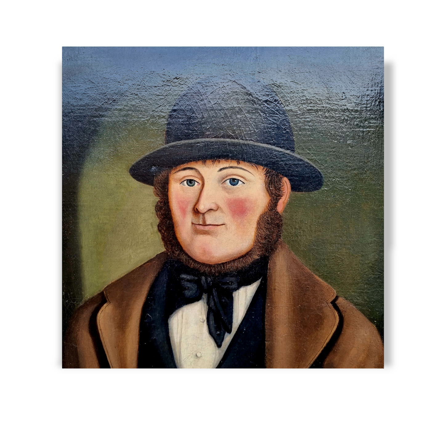 19th Century Primitive / Naïve English School Antique Oil On Canvas Portrait Of A Squire Wearing A Bowler Hat