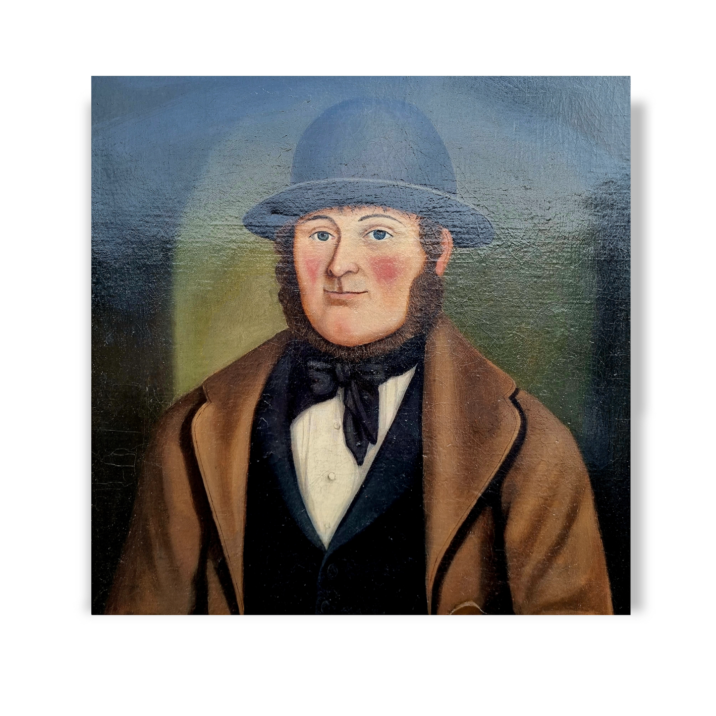 19th Century Primitive / Naïve English School Antique Oil On Canvas Portrait Of A Squire Wearing A Bowler Hat