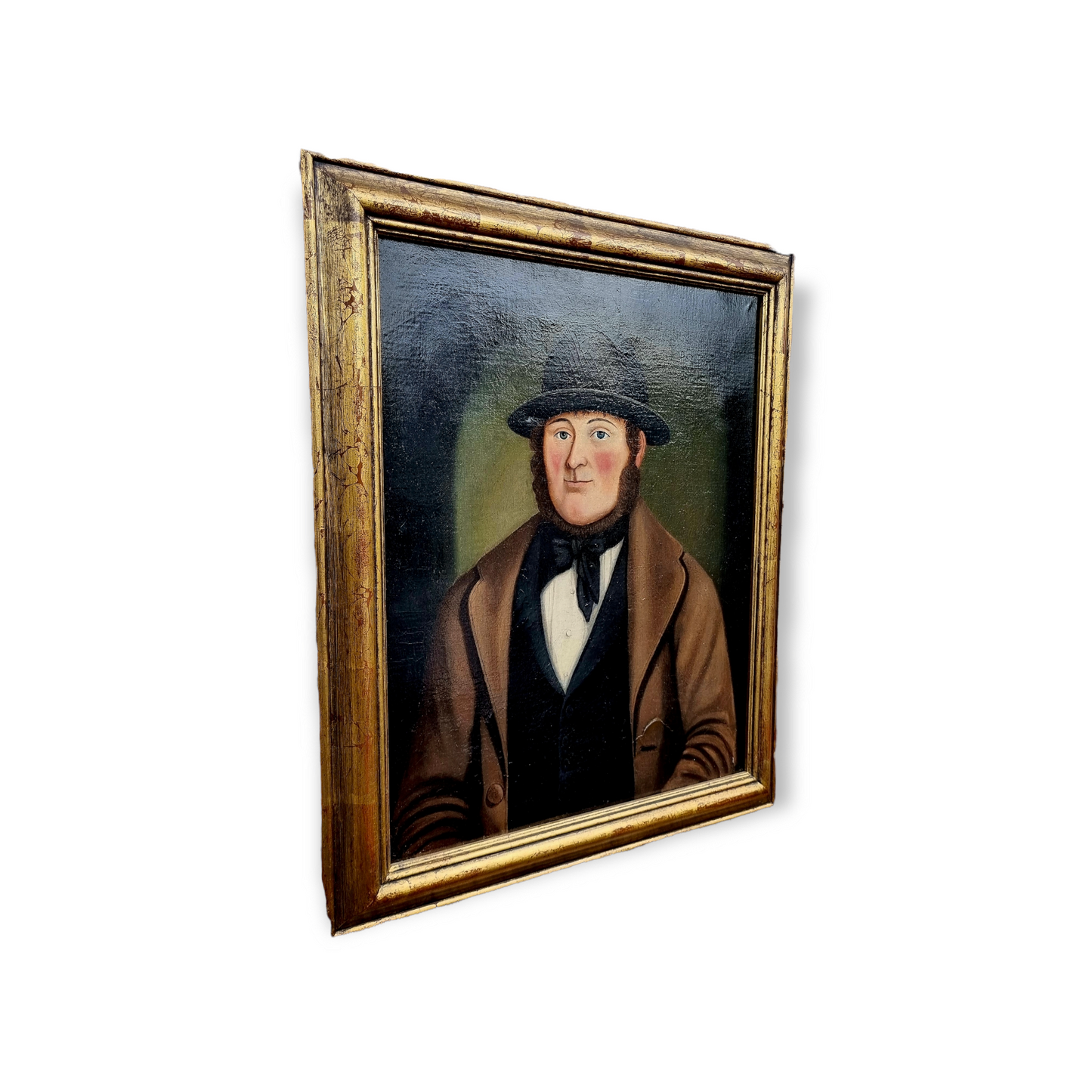 19th Century Primitive / Naïve English School Antique Oil On Canvas Portrait Of A Squire Wearing A Bowler Hat