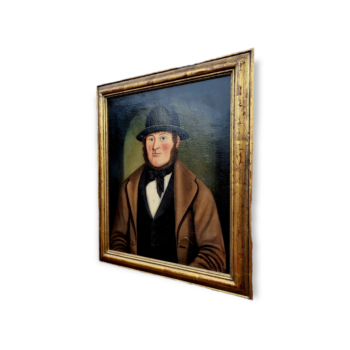 19th Century Primitive / Naïve English School Antique Oil On Canvas Portrait Of A Squire Wearing A Bowler Hat