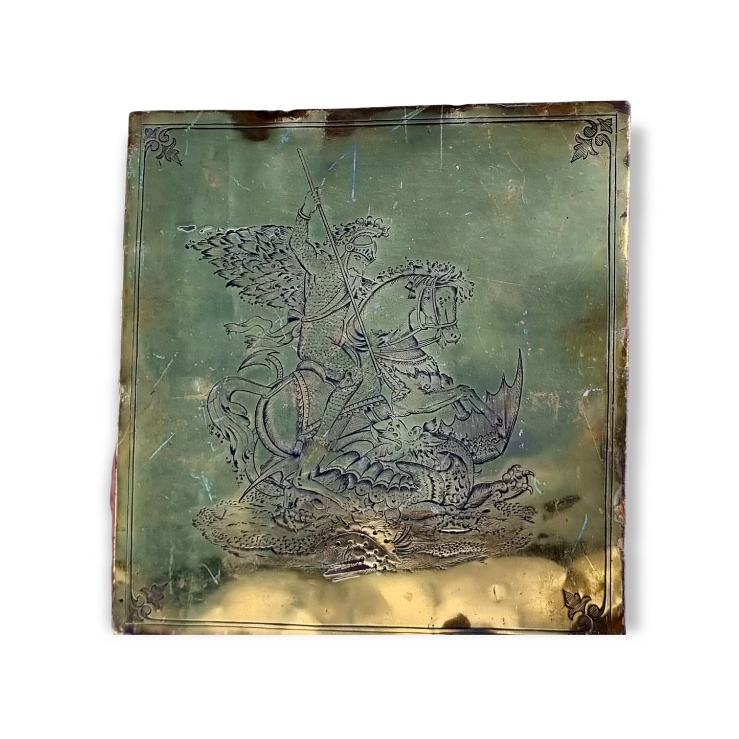 19th Century English Antique Brass Plaque Engraved With Saint George Slaying The Dragon