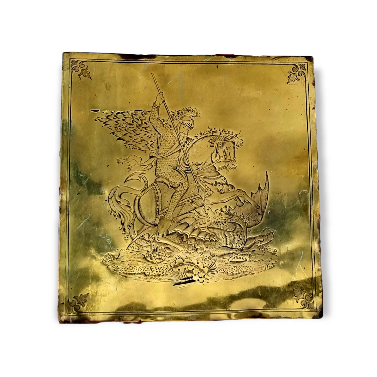 19th Century English Antique Brass Plaque Engraved With Saint George Slaying The Dragon