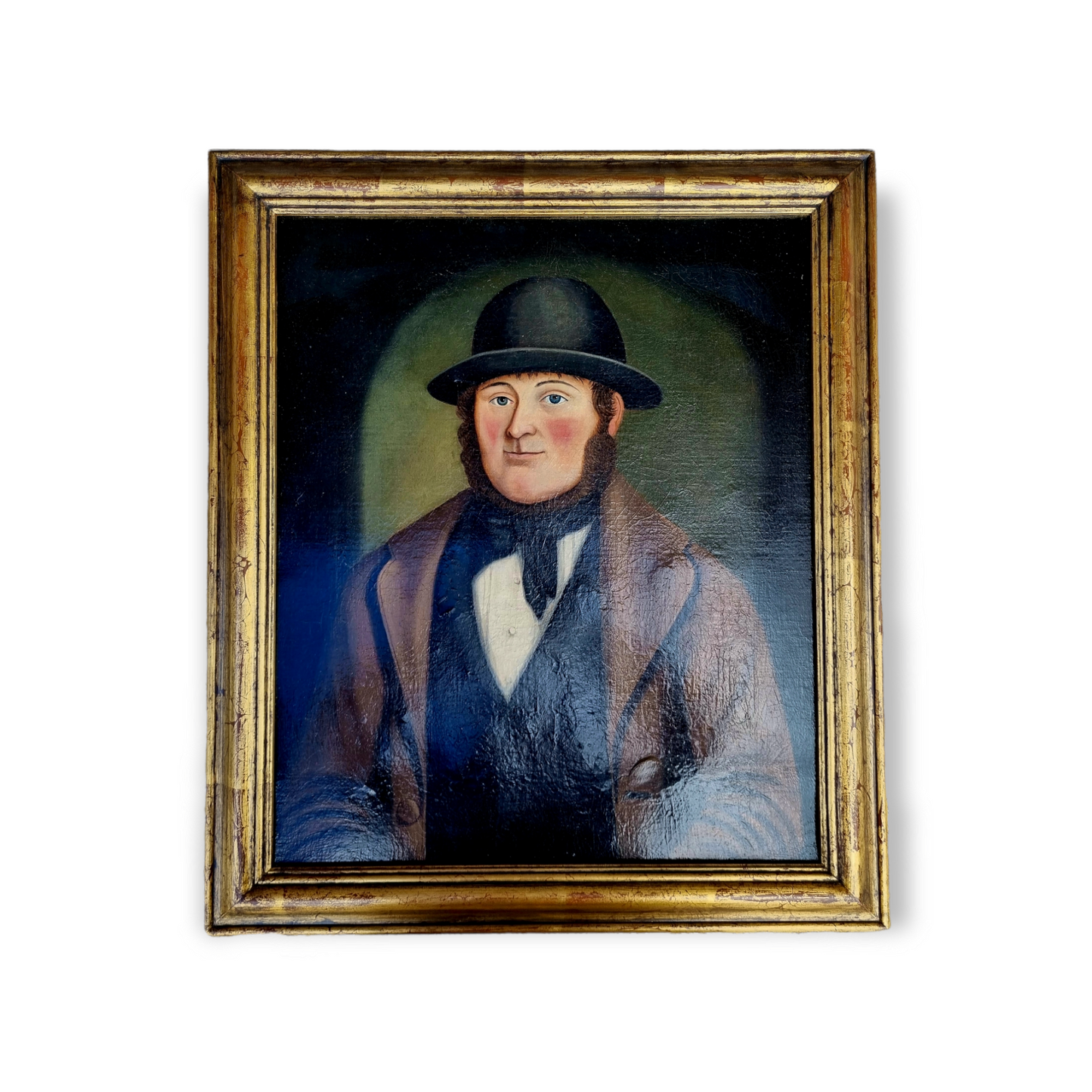 19th Century Primitive / Naïve English School Antique Oil On Canvas Portrait Of A Squire Wearing A Bowler Hat