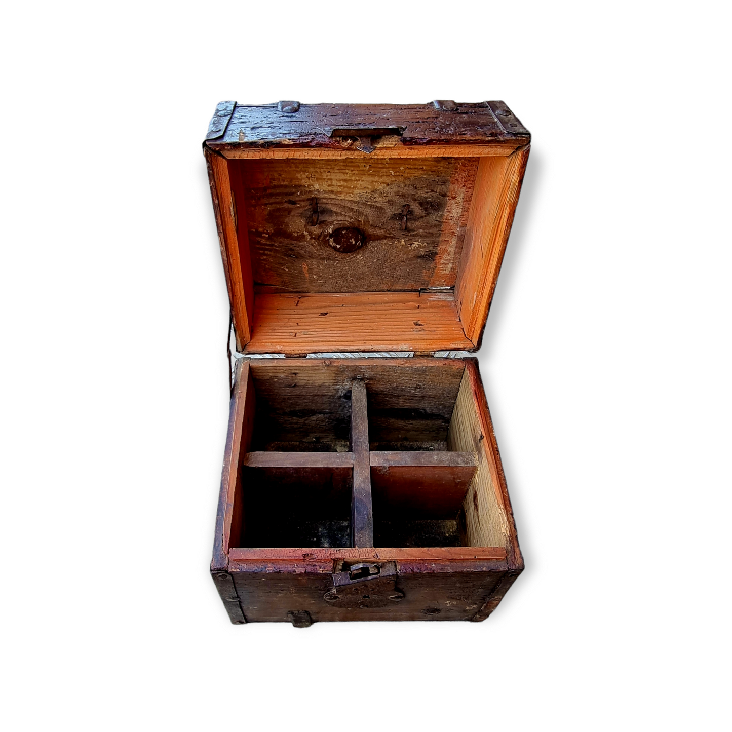 Early 17th Century Antique Pine Decanter Box With Iron Bindings