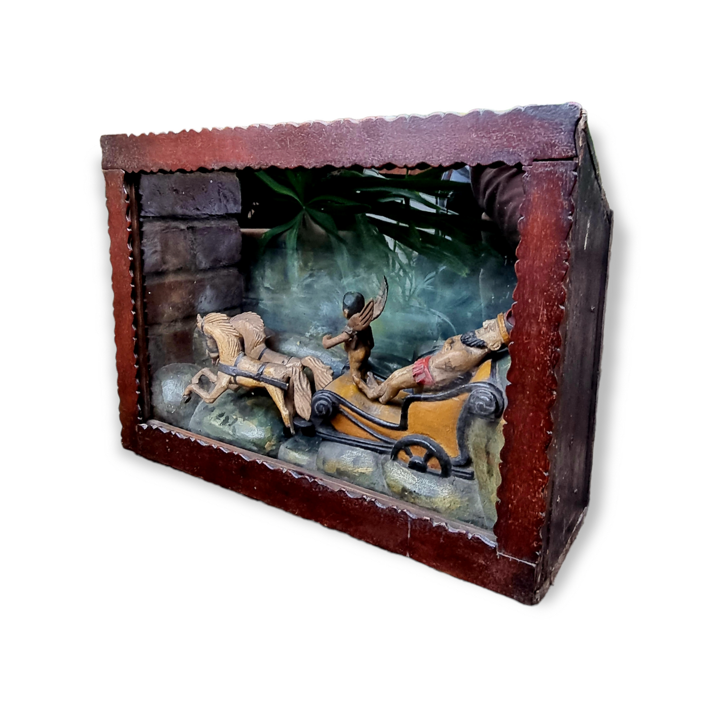 19th Century English Antique Folk Art Diorama | Elijah’s Fiery Chariot | Biblical Scene in Shadow Box
