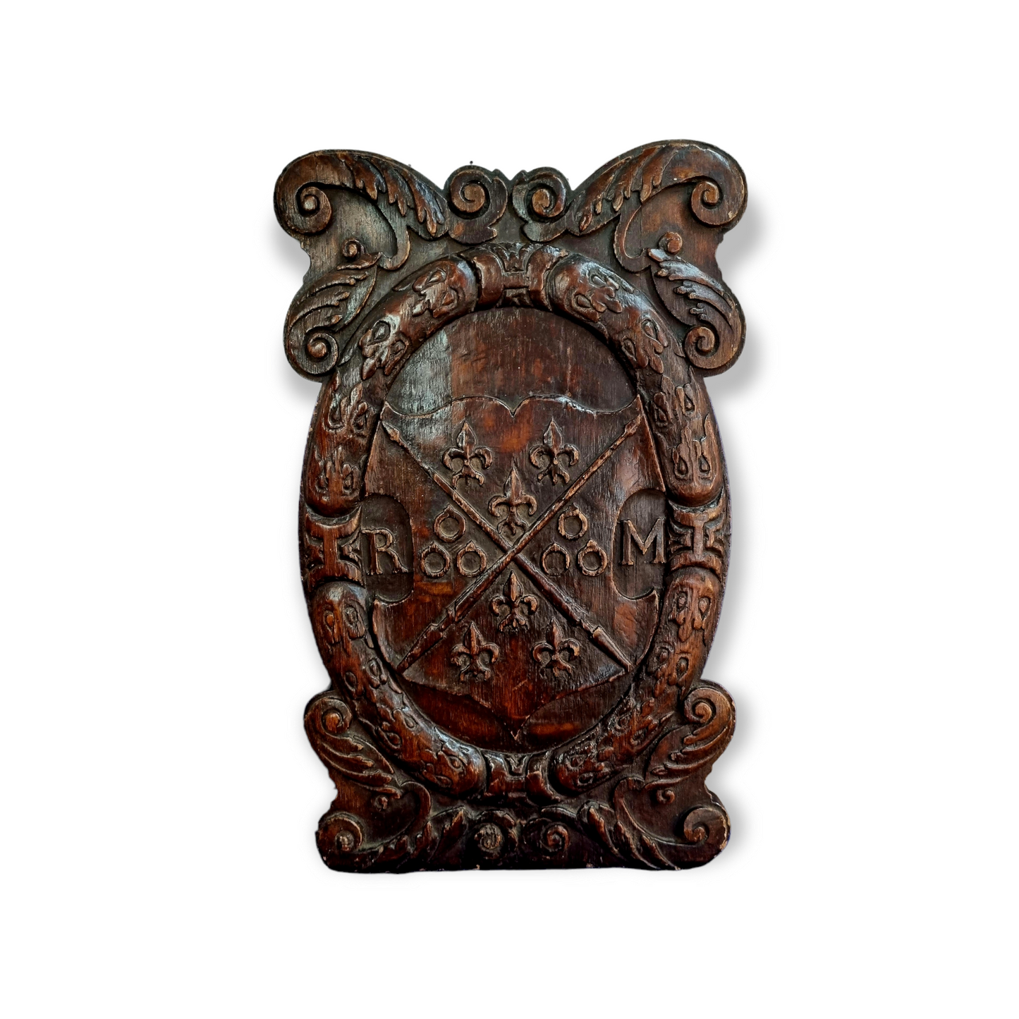 17th Century Antique Carved Oak & Walnut Panel Bearing The Initials "RM"