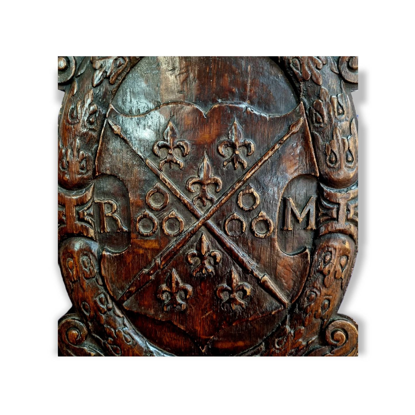 17th Century Antique Carved Oak & Walnut Panel Bearing The Initials "RM"