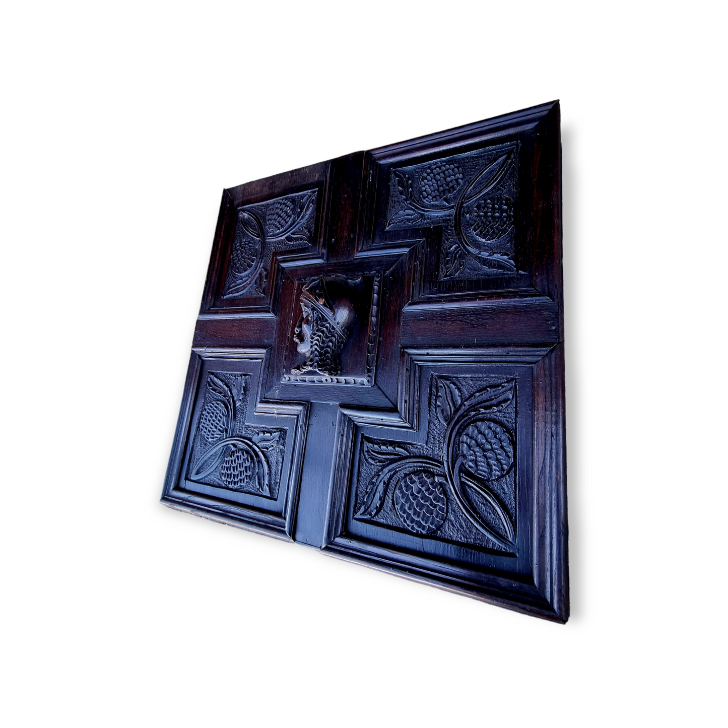 Merton College, Oxford, Interest - Attributed to Joiners' William Bennett & Robert Key, Circa 1589 - A Late 16th Century English Antique Carved Oak Geometric Panel With Romayne Head