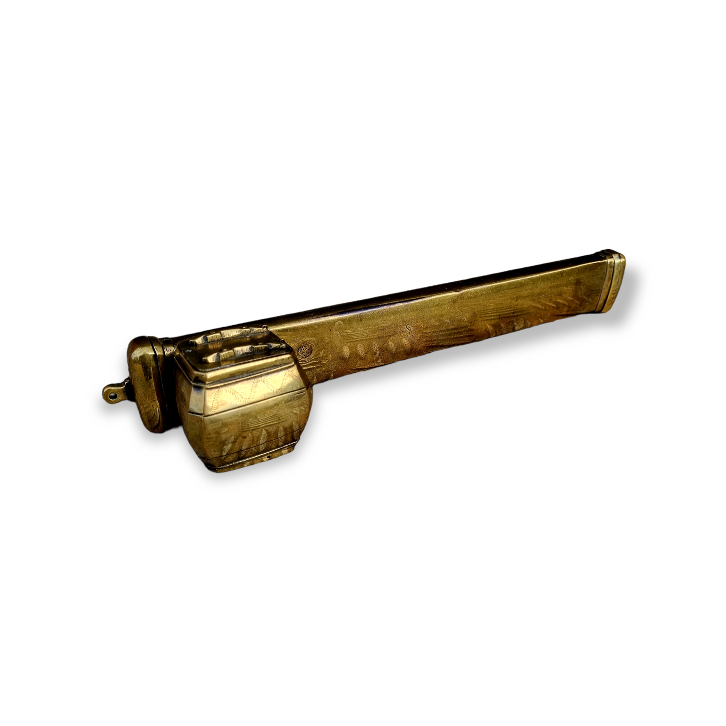 18th Century Continental Antique Brass Scribes Quill Pen Holder & Inkwell