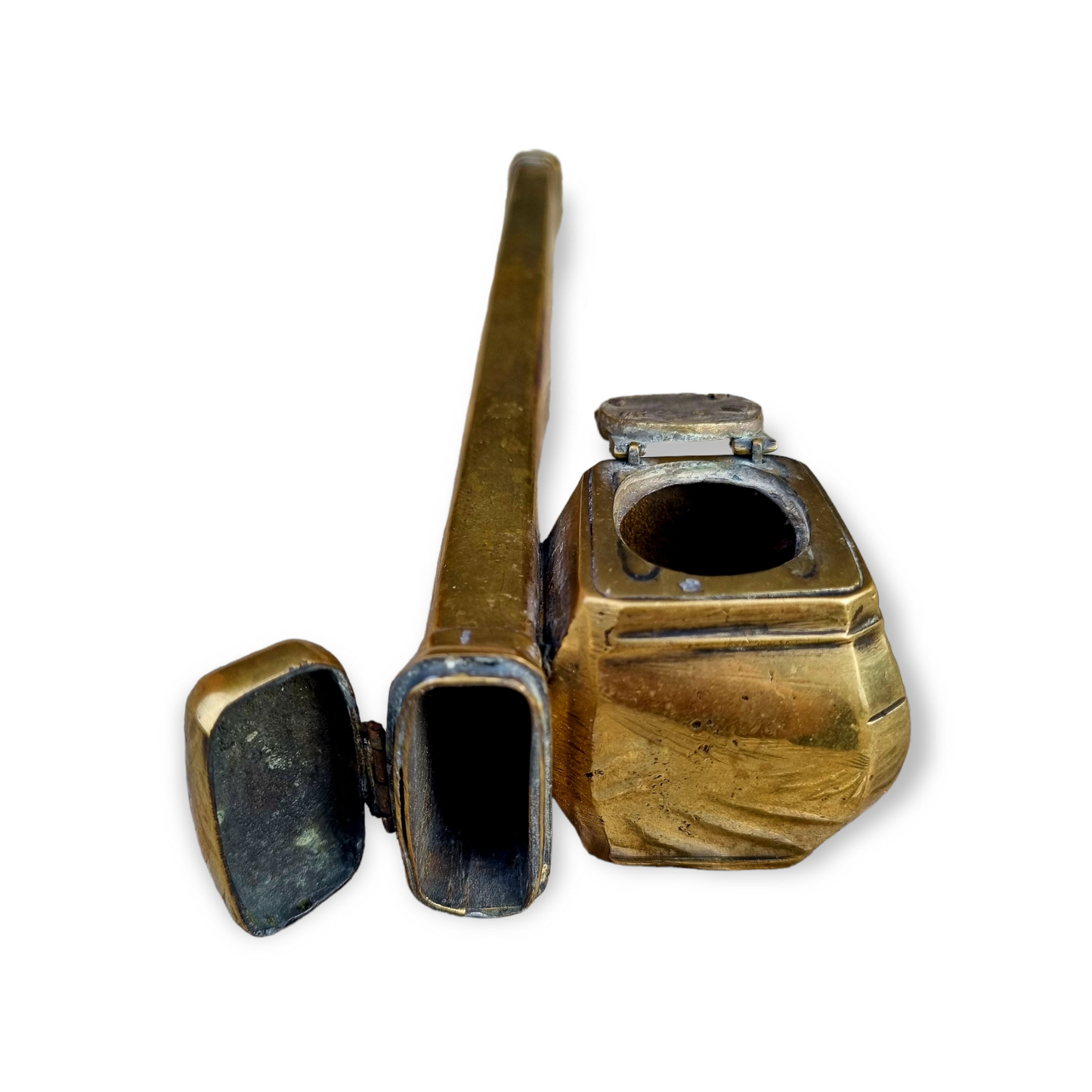18th Century Continental Antique Brass Scribes Quill Pen Holder & Inkwell