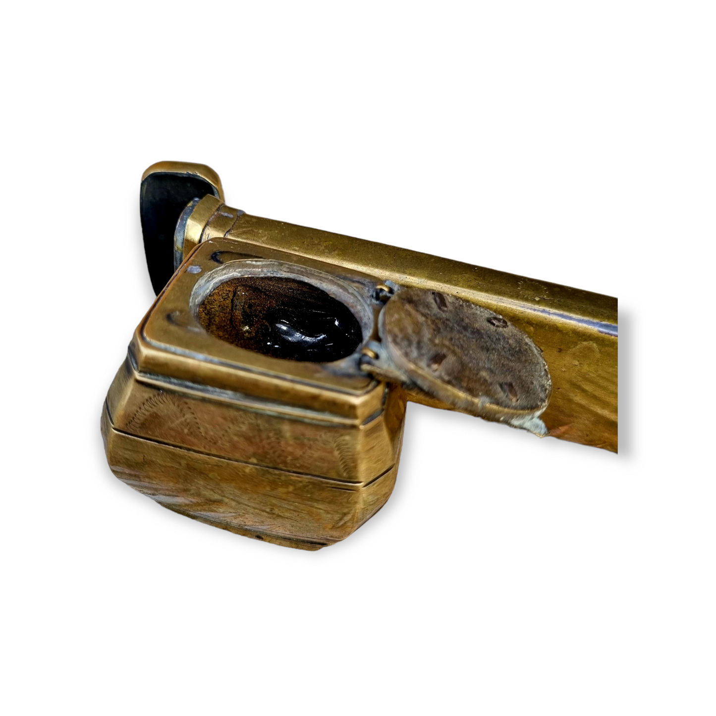 18th Century Continental Antique Brass Scribes Quill Pen Holder & Inkwell