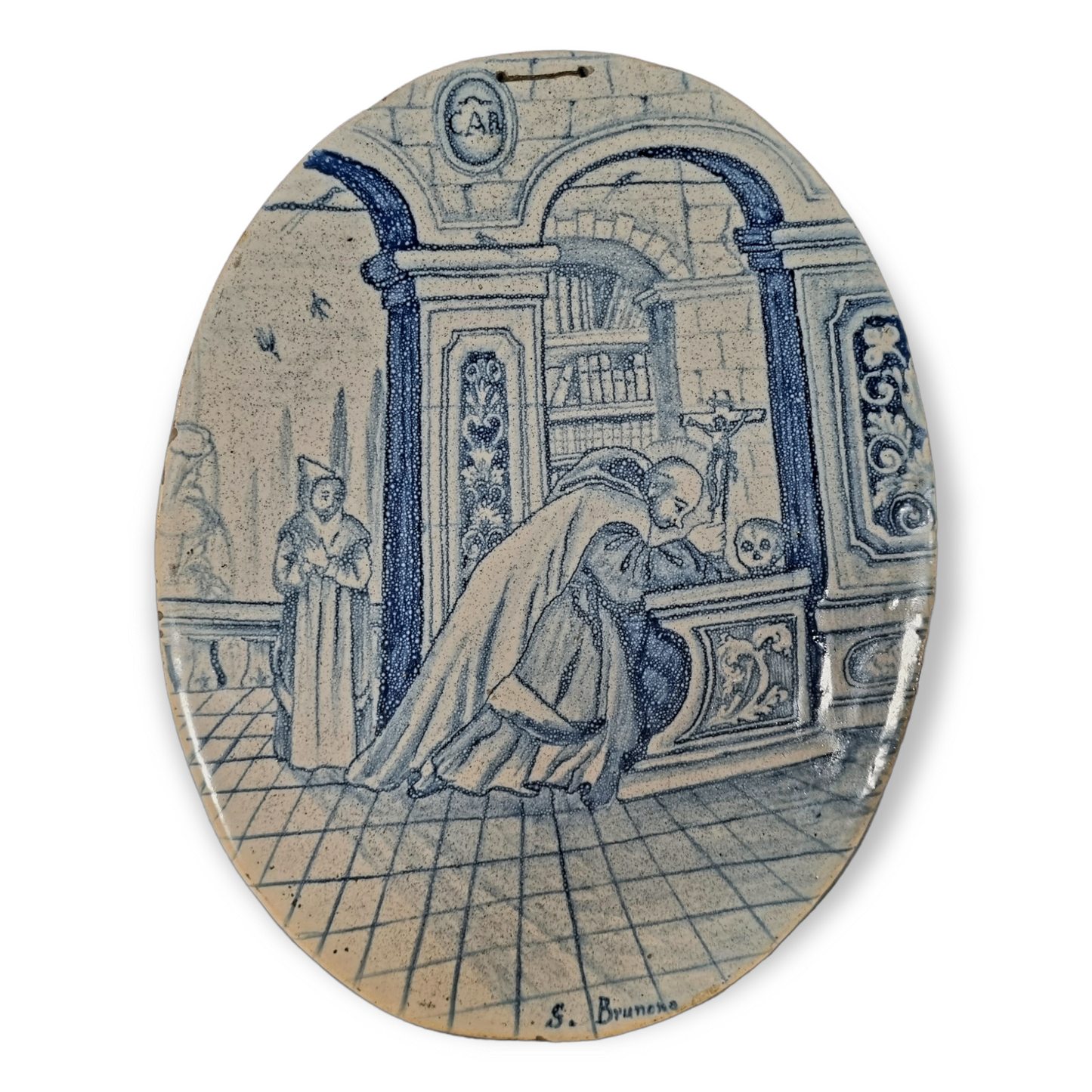 Large Mid 18th Century Italian Antique Blue and White Faience Tile / Plaque Depicting Saint Bruno