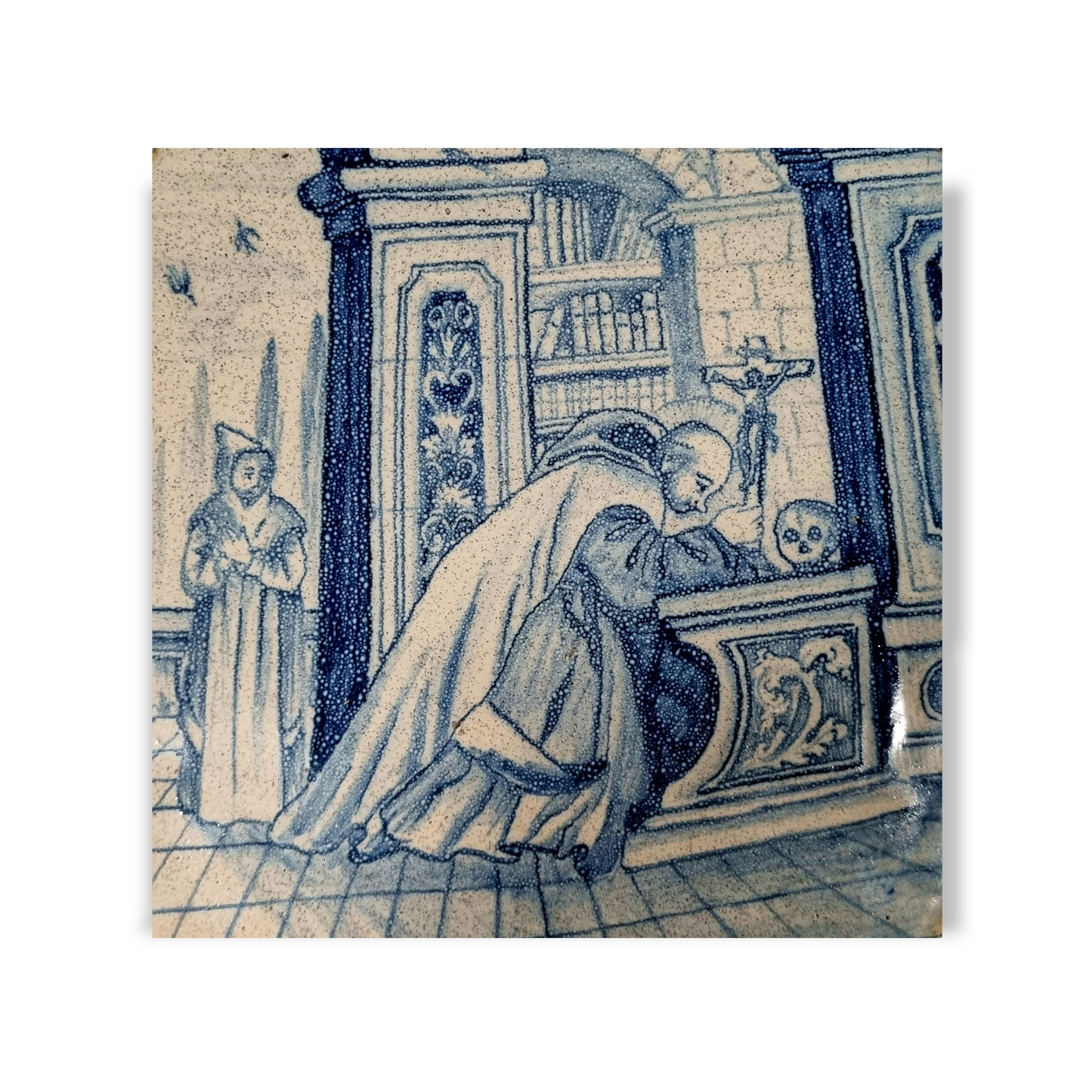 Large Mid 18th Century Italian Antique Blue and White Tin-Glazed Faience Tile / Plaque Depicting Saint Bruno