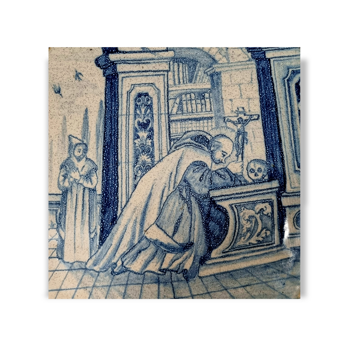 Large Mid 18th Century Italian Antique Blue and White Faience Tile / Plaque Depicting Saint Bruno