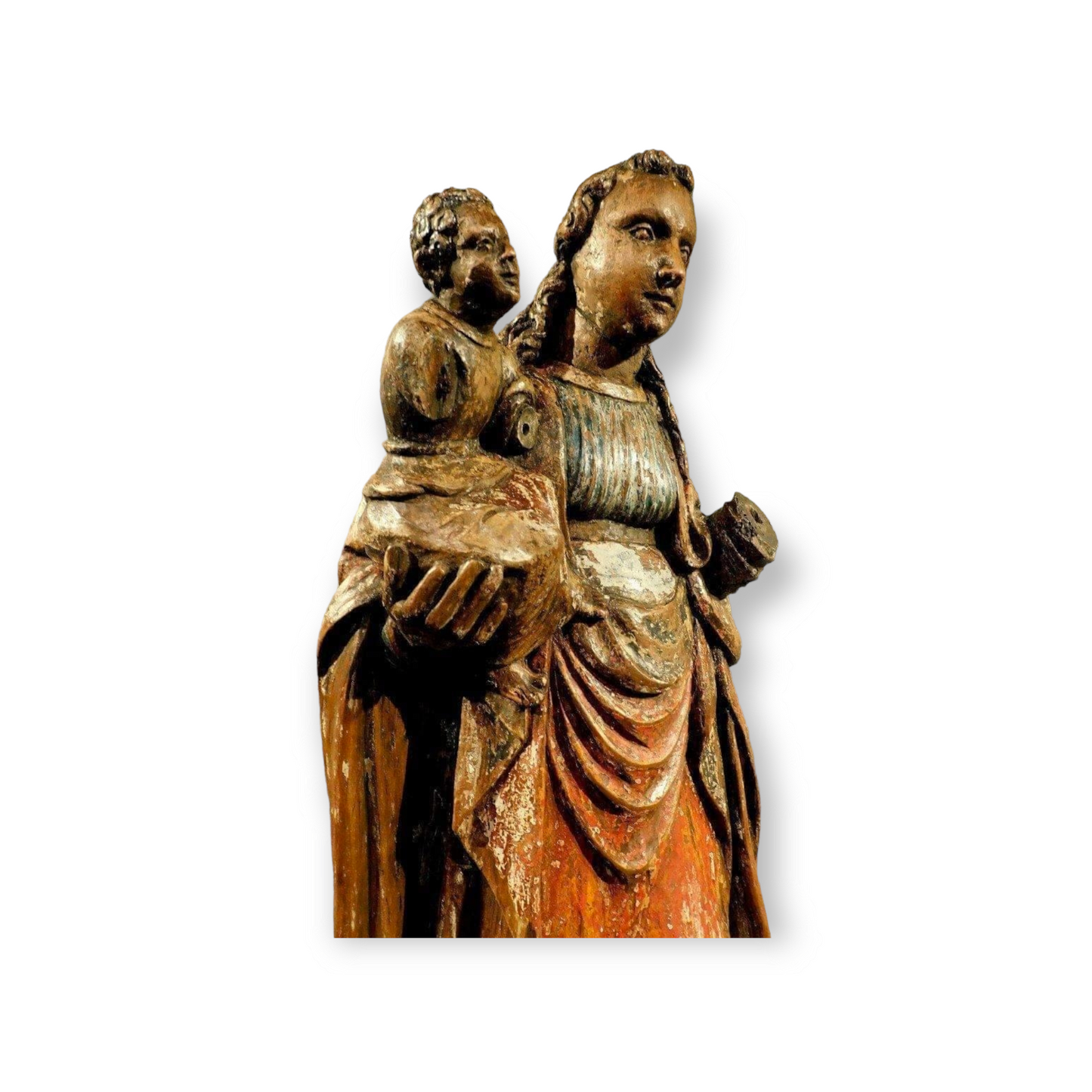 Late 15th Century German Antique Carved Oak Sculpture Of The Virgin Mary And Child