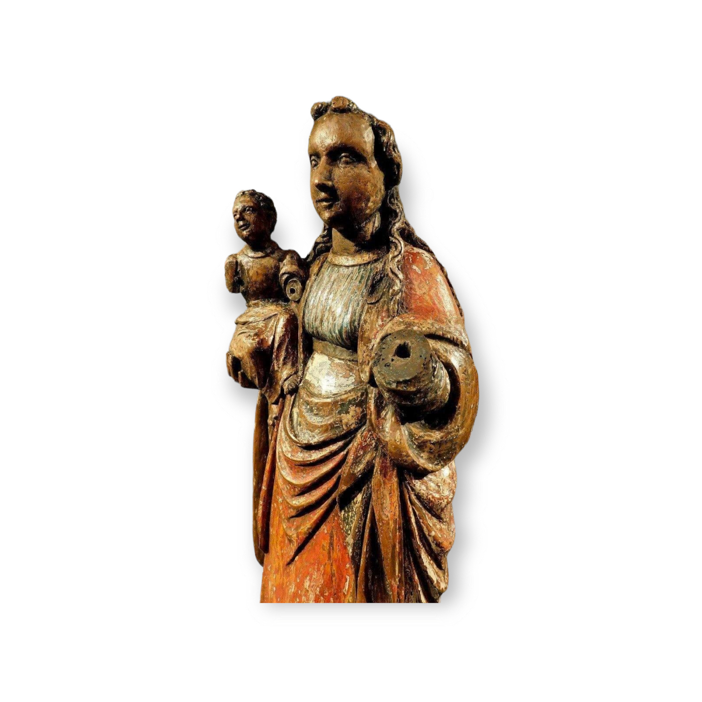 Late 15th Century German Antique Carved Oak Sculpture Of The Virgin Mary And Child