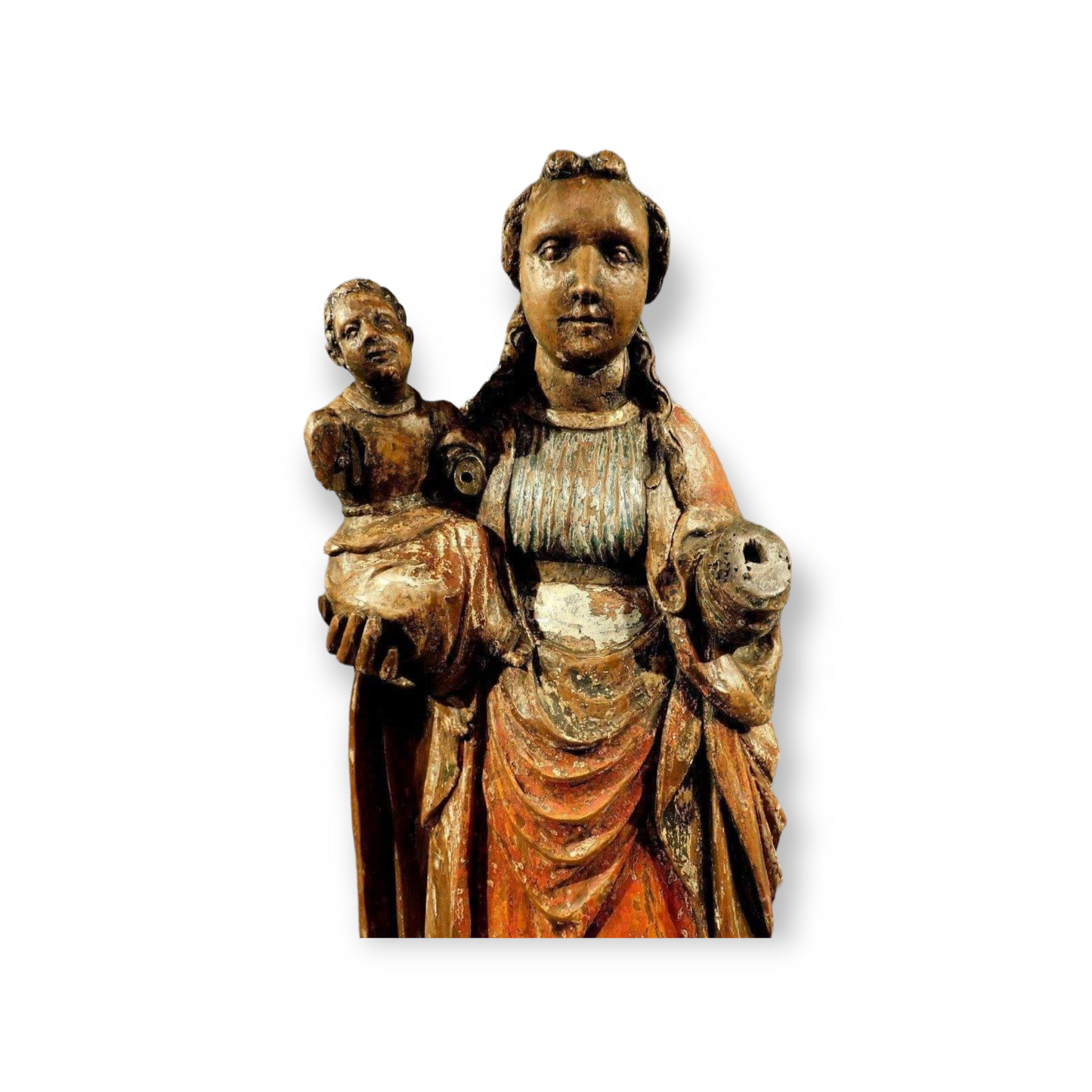 Late 15th Century German Antique Carved Oak Sculpture Of The Virgin Mary And Child