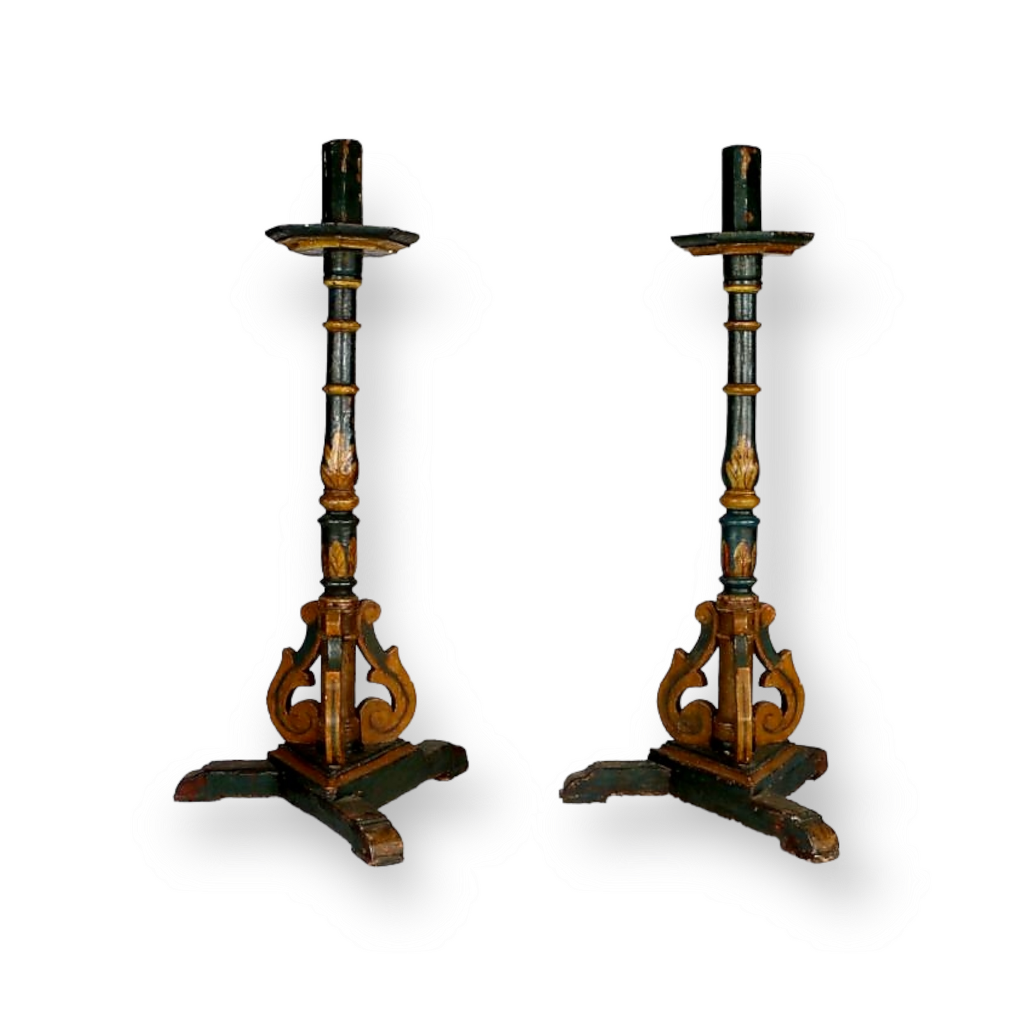 Large and Impressive Pair of 17th Century Antique Polychrome-Painted Standing Candlesticks, Circa 1680