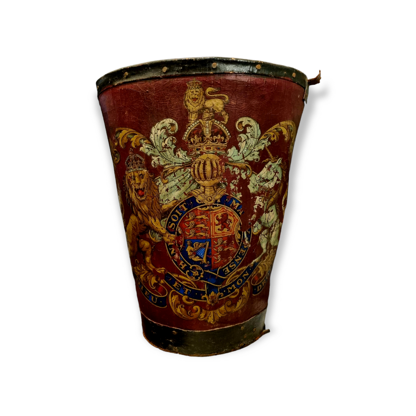 19th Century English Antique Leather Fire Bucket With Royal Coat of Arms