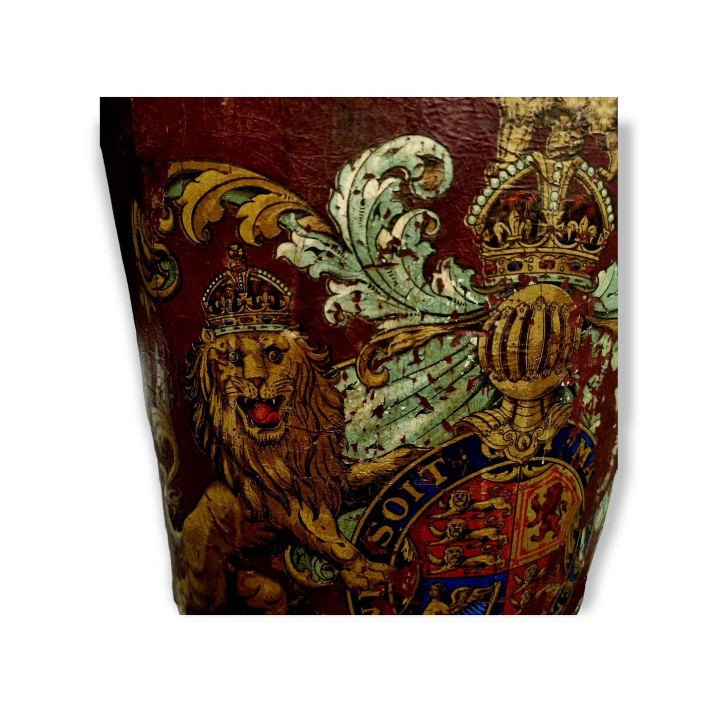 19th Century English Antique Leather Fire Bucket With Royal Coat of Arms