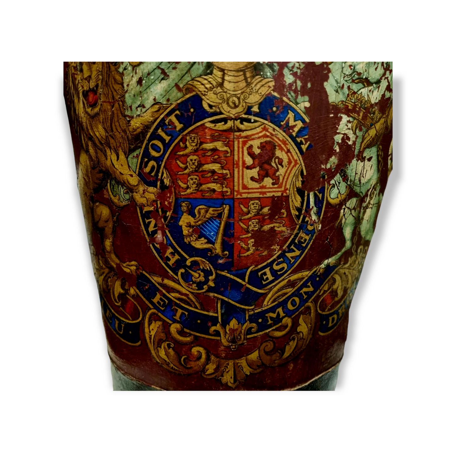 19th Century English Antique Leather Fire Bucket With Royal Coat of Arms