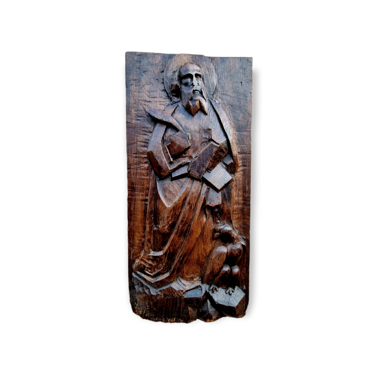 Naive Late 17th Century / Early 18th Century French Antique Carved Oak Figural Panel Of Saint John