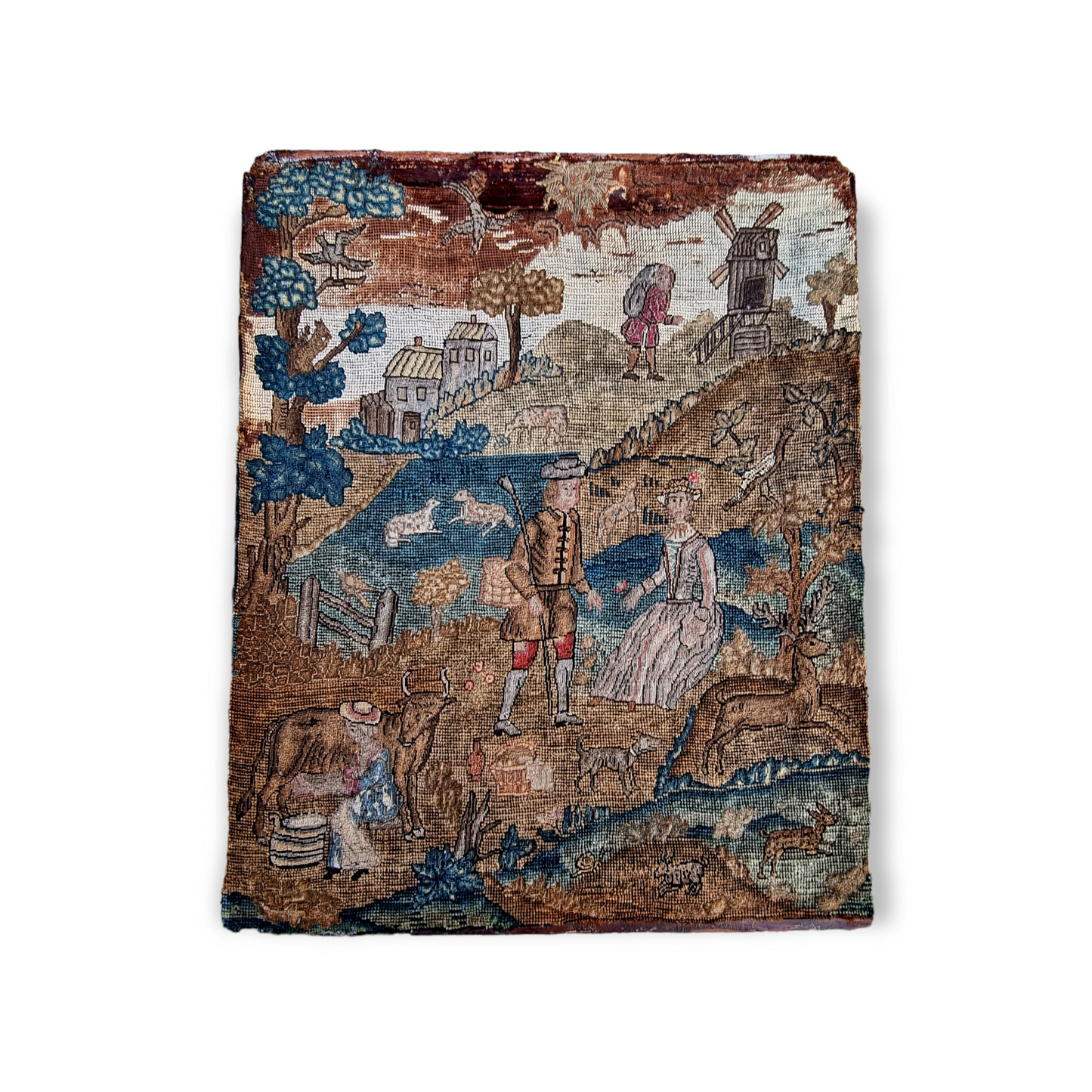 Rare Subject Matter - A Large 17th Century English Antique Needlework Depicting A Country Scene