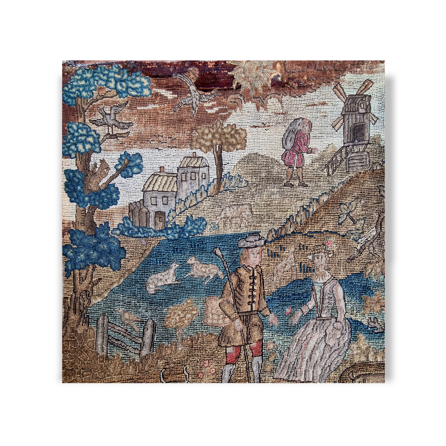 Rare Subject Matter – Large 17th Century English Needlework Depicting a Country Scene