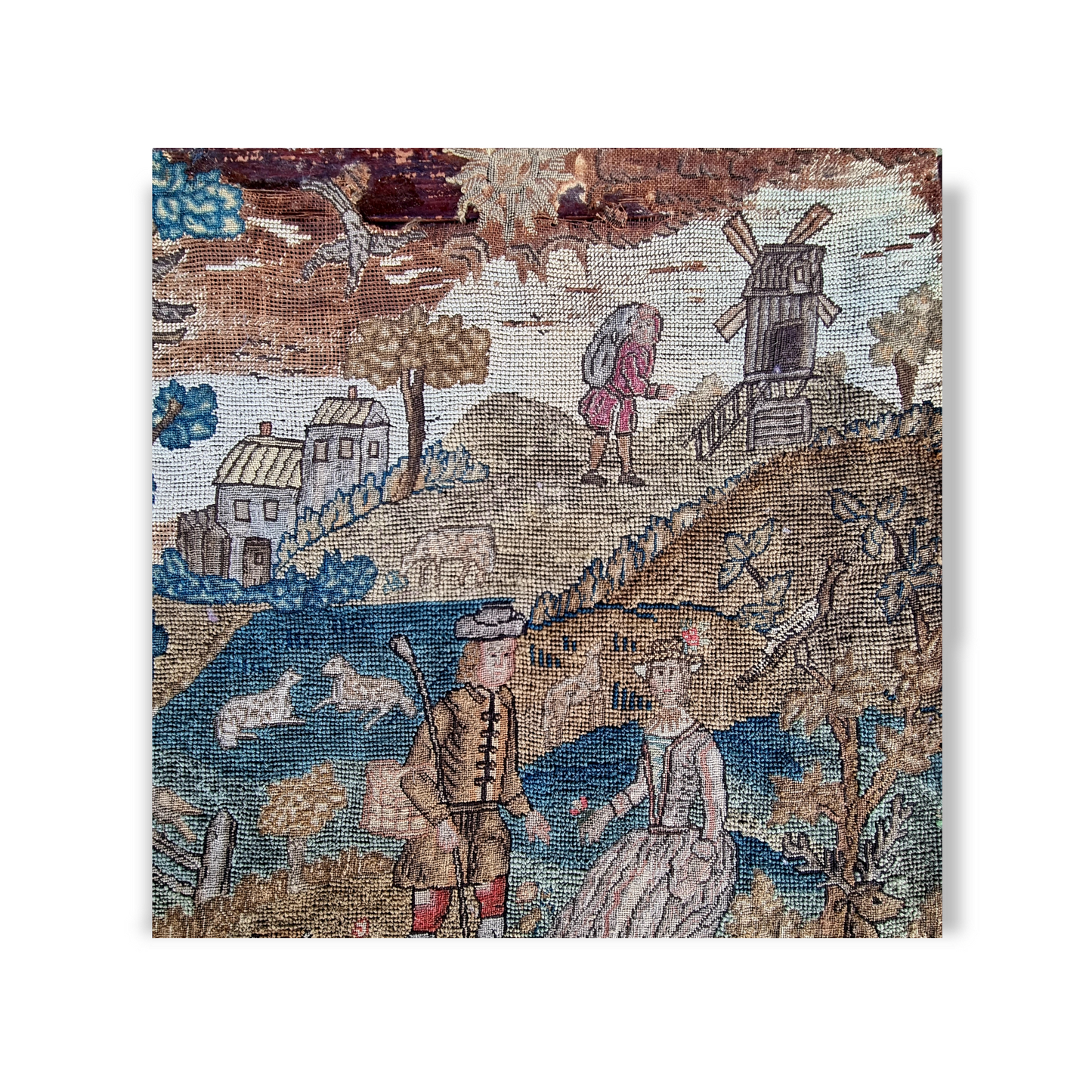 Rare Subject Matter – Large 17th Century English Needlework Depicting a Country Scene