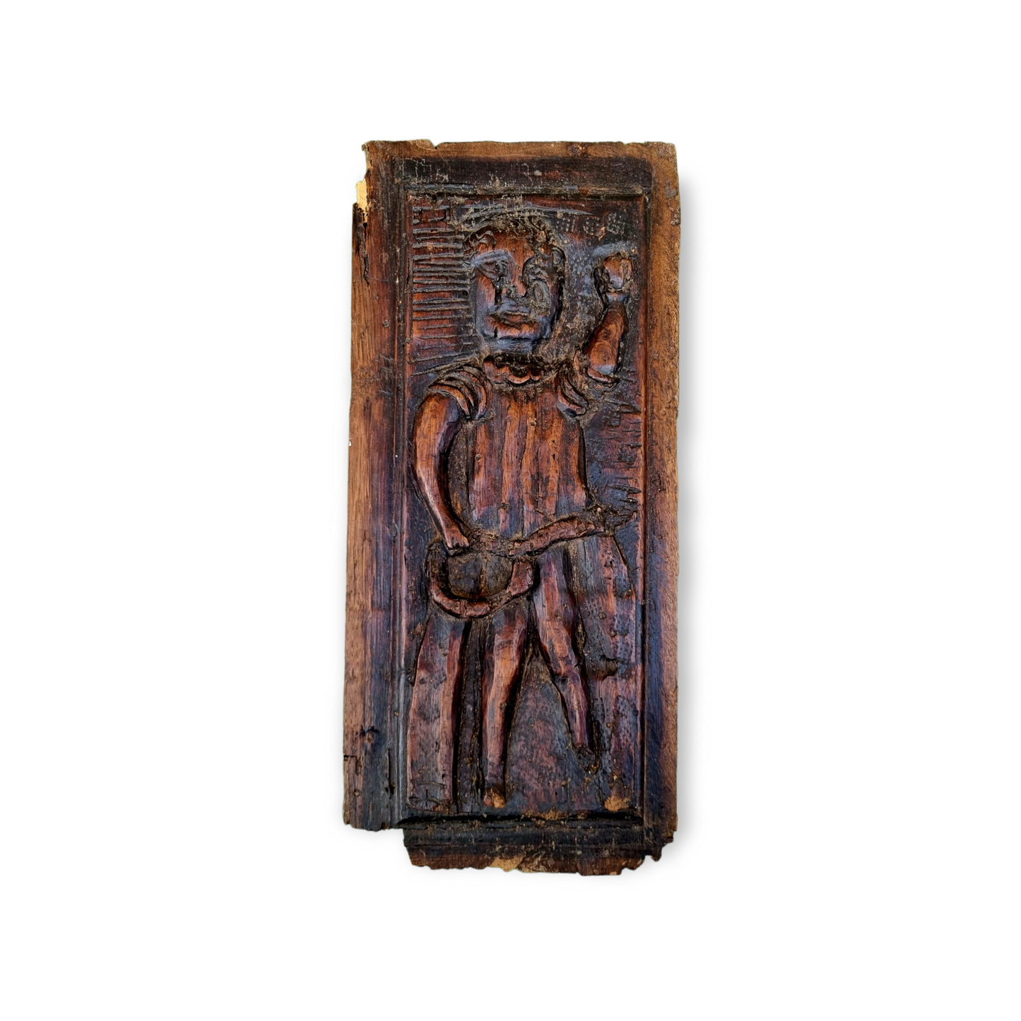 Primitive / Naive Late 16th Century Antique Carved Oak Figural Panel – Elongated Male Figure