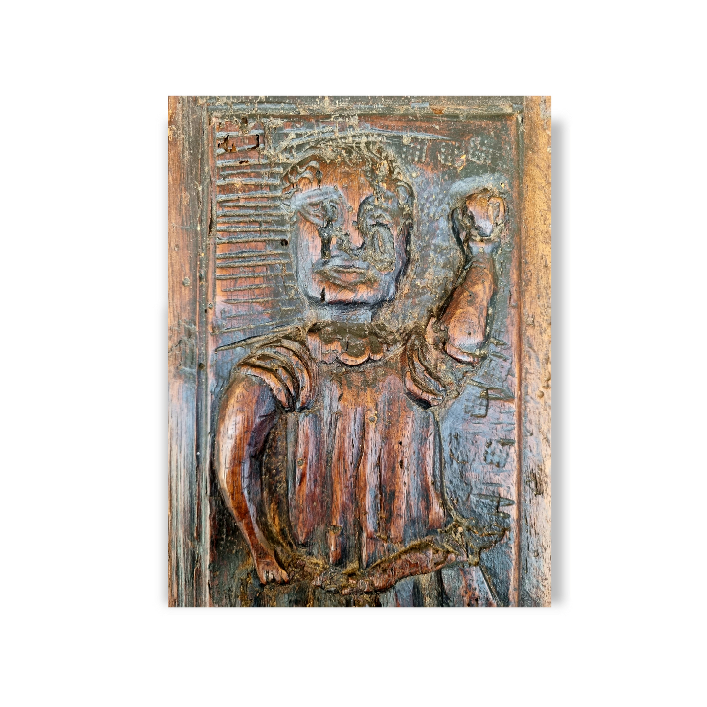 Primitive / Naive Late 16th Century Antique Carved Oak Figural Panel – Elongated Male Figure