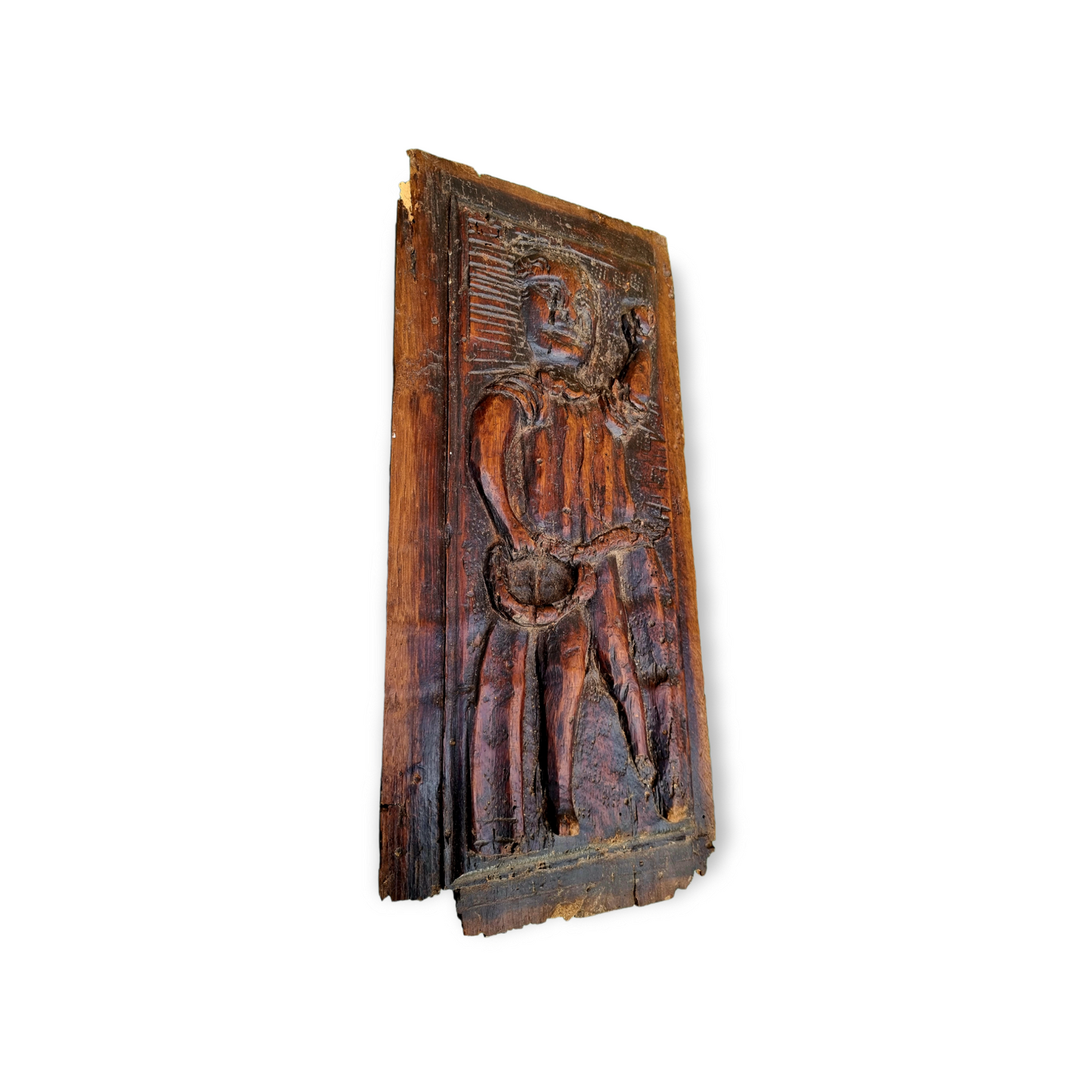 Primitive / Naive Late 16th Century Antique Carved Oak Figural Panel – Elongated Male Figure