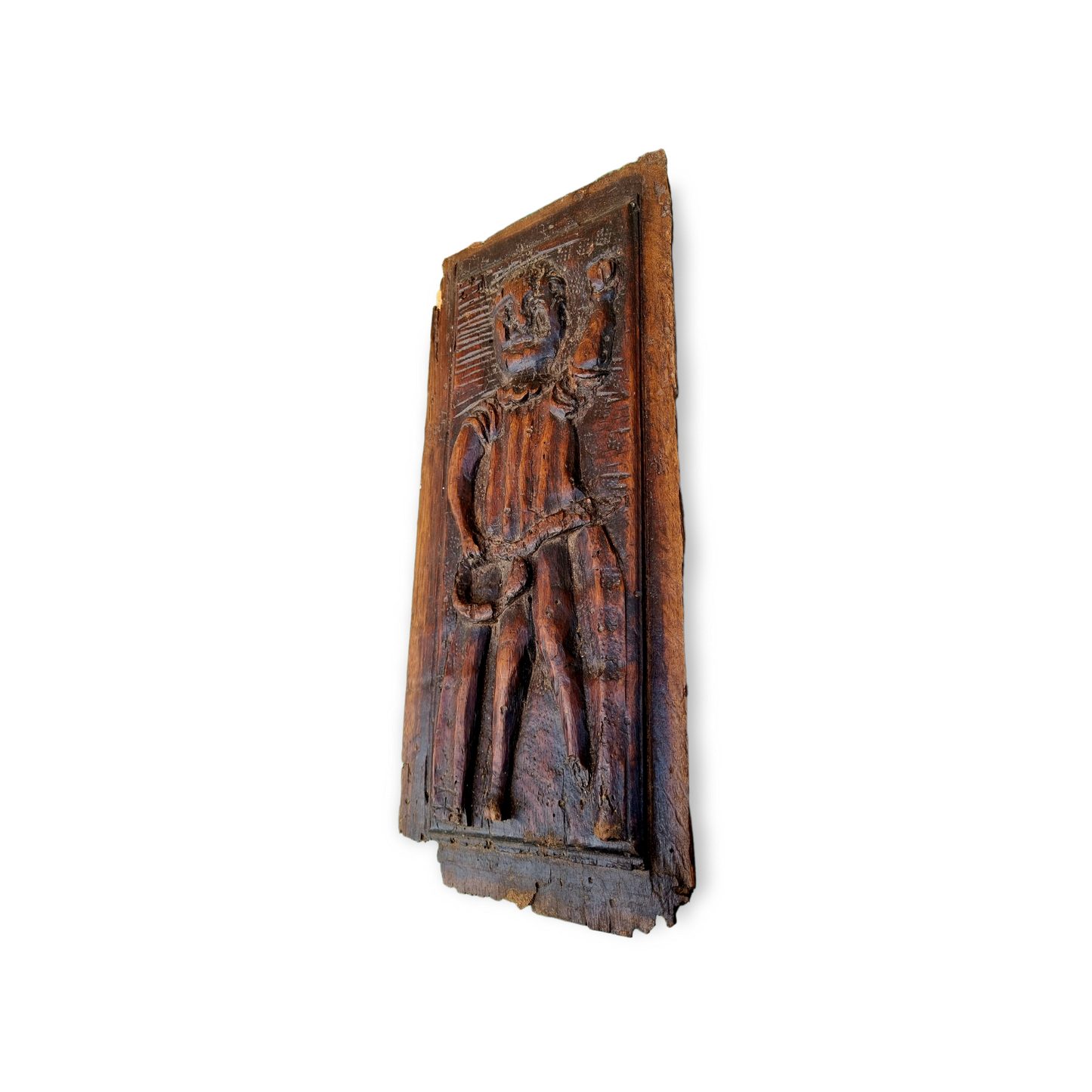 Primitive / Naive Late 16th Century Antique Carved Oak Figural Panel – Elongated Male Figure