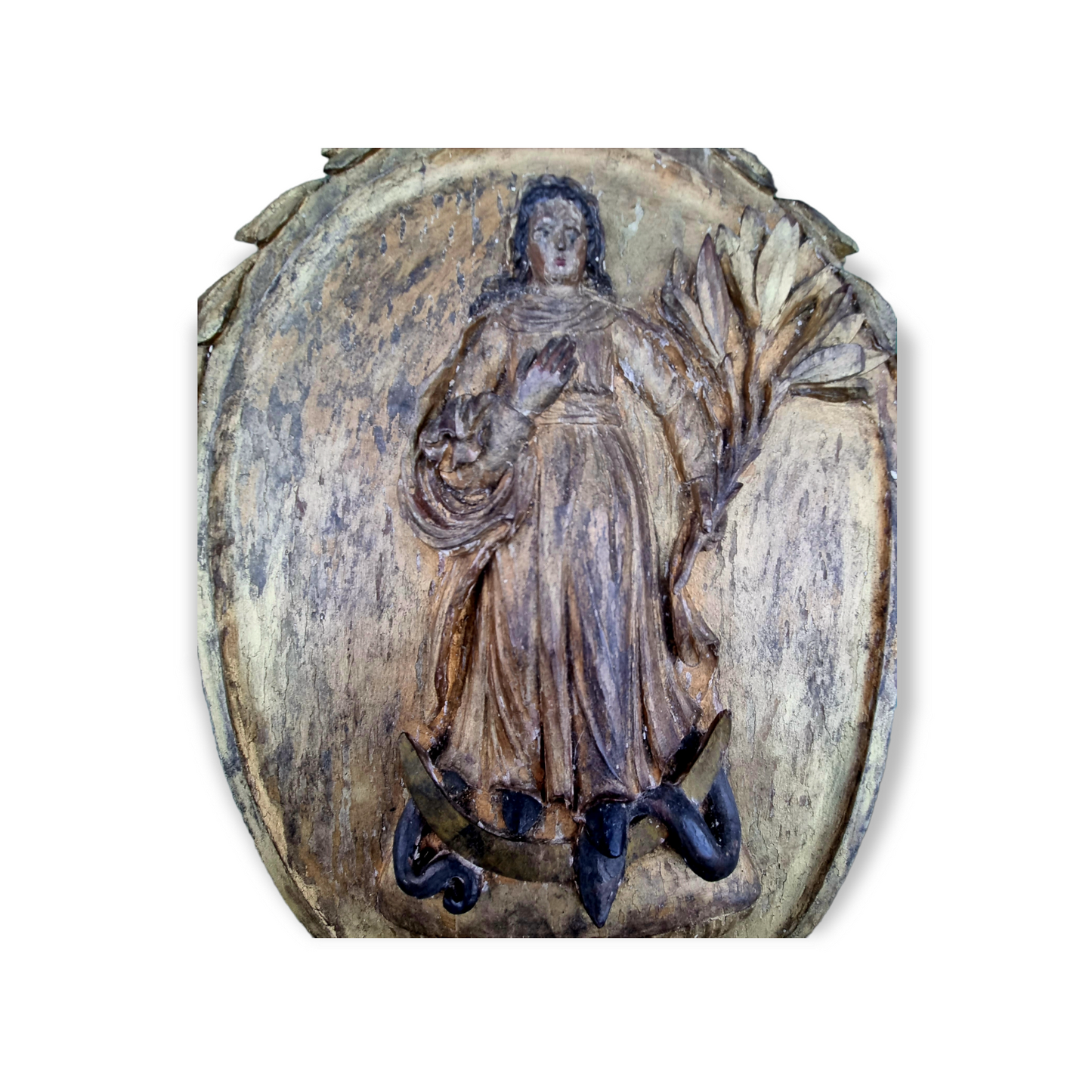 18th Century Antique Carved Limewood Panel – The Virgin with Serpent and Lilies