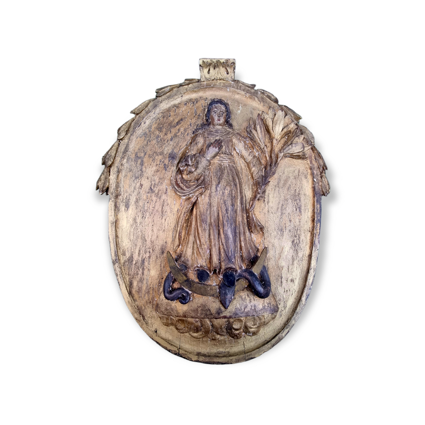18th Century Antique Carved Limewood Panel – The Virgin with Serpent and Lilies