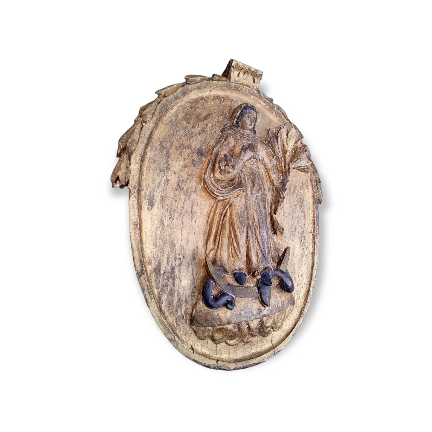 18th Century Antique Carved Limewood Panel – The Virgin with Serpent and Lilies