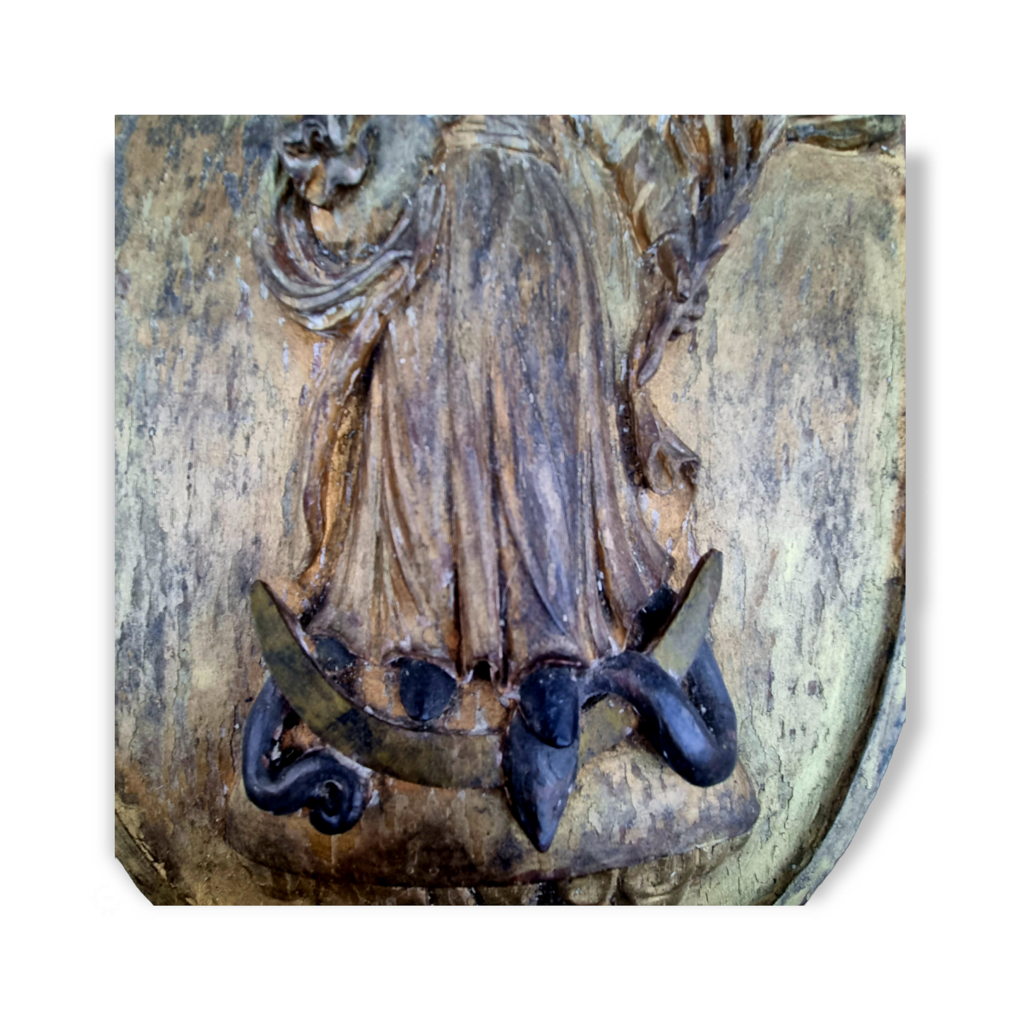 18th Century Antique Carved Limewood Panel – The Virgin with Serpent and Lilies
