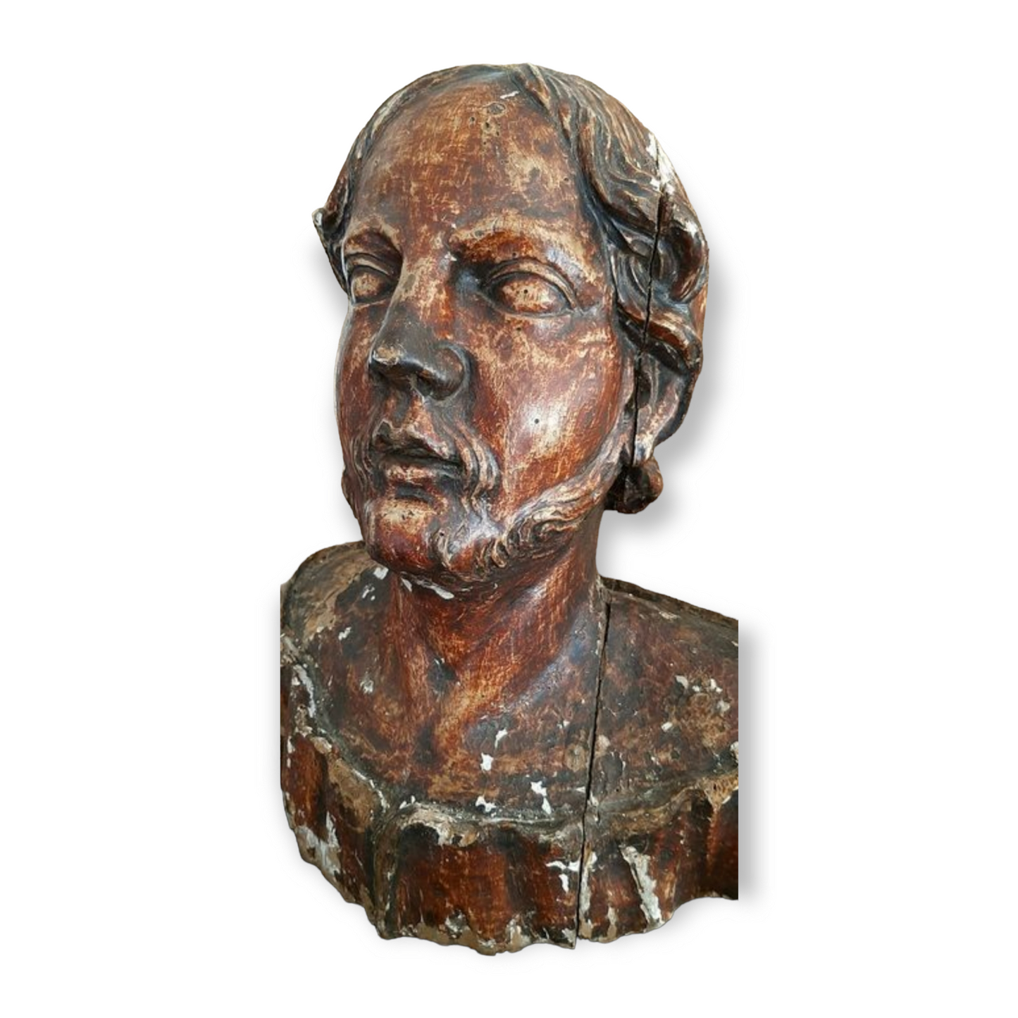 16th Century Italian Life-Size Antique Carved Lime Wood Bust Of A Saint