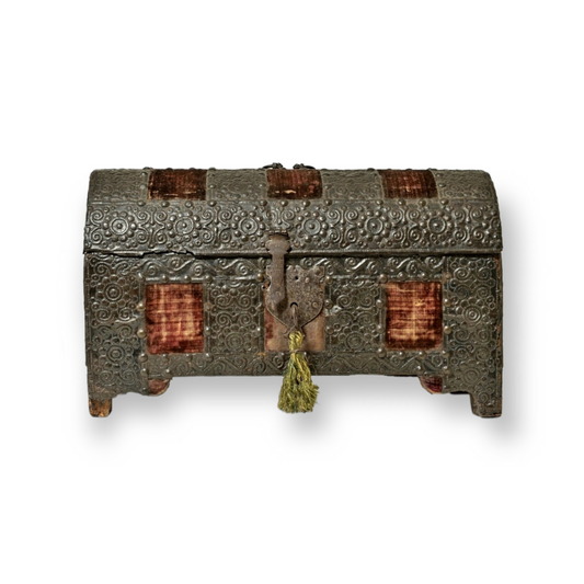 17th Century Iberian Iron & Velvet Table Casket – Repoussé Antique Box