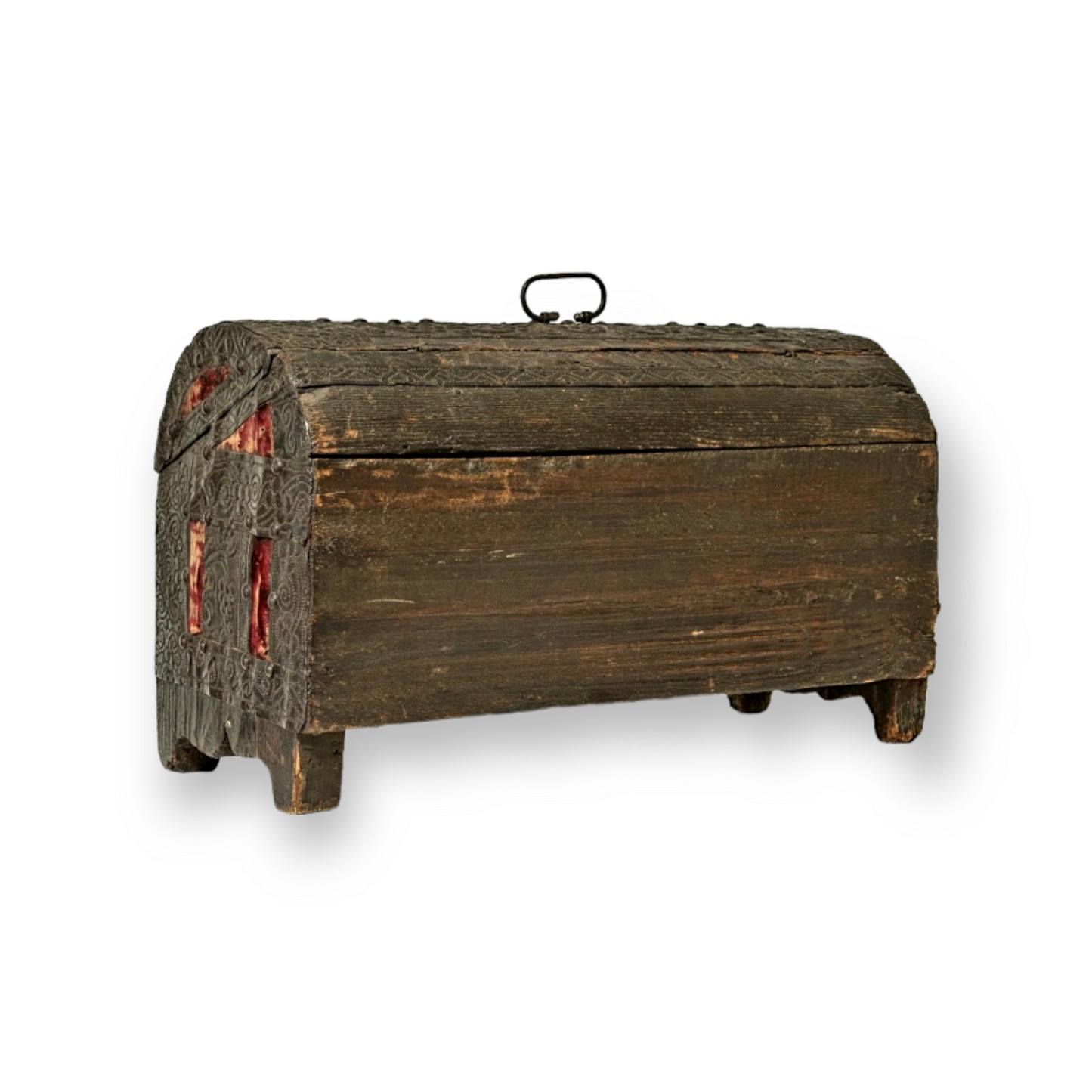 A 17th Century Iberian Antique Repousee-Worked Sheet Iron And Velvet Covered Table Casket, Circa 1650-90