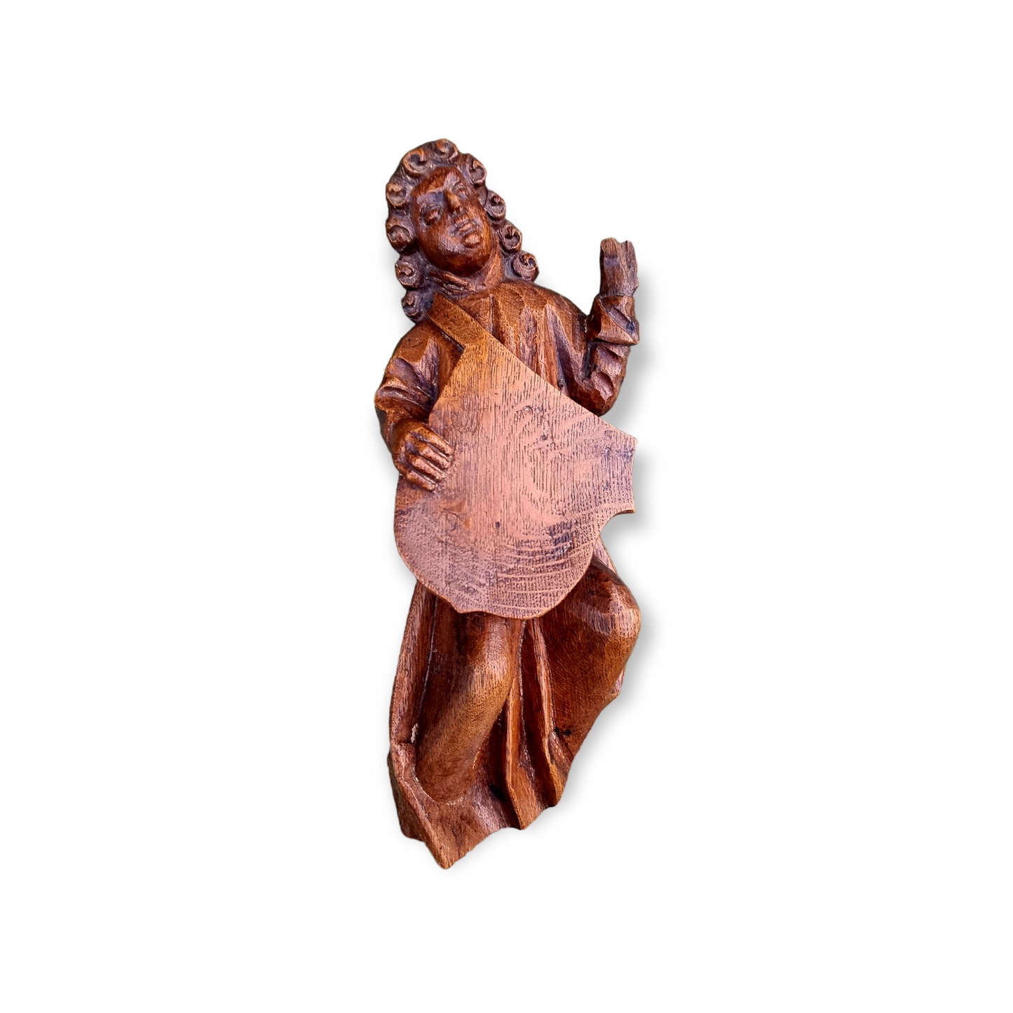 16th Century Flemish Carved Oak Angel – Antique Sculpture with Shield