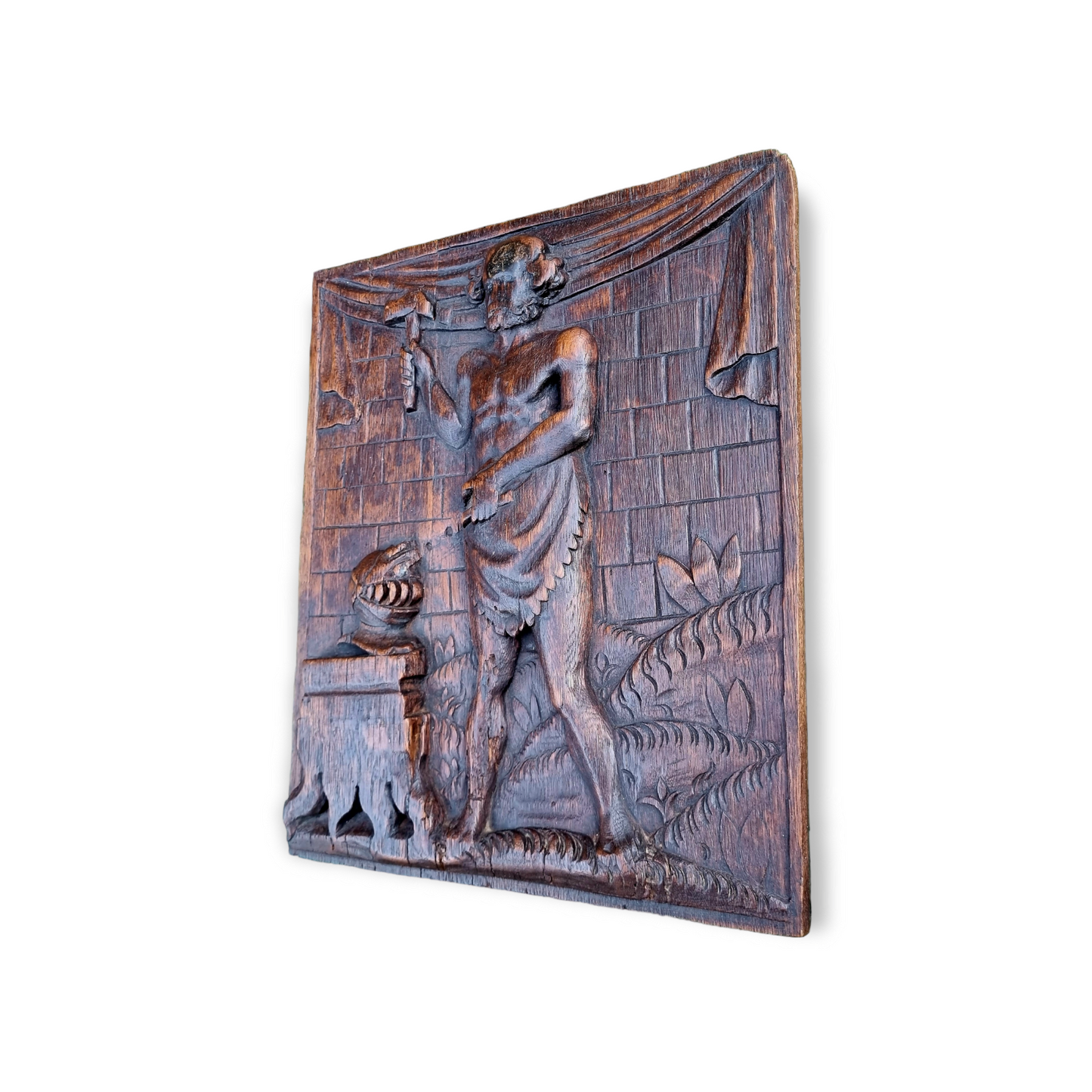 Early 18th Century Flemish Antique Carved Oak Panel Portraying a Blacksmith