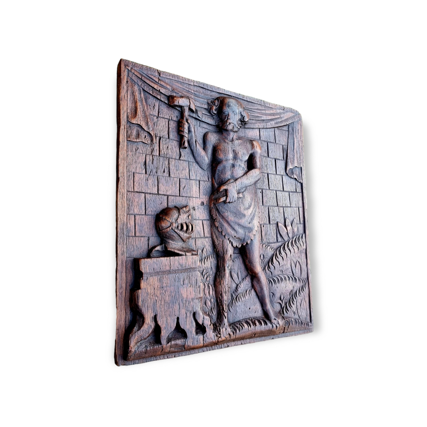 Early 18th Century Flemish Antique Carved Oak Panel Portraying a Blacksmith