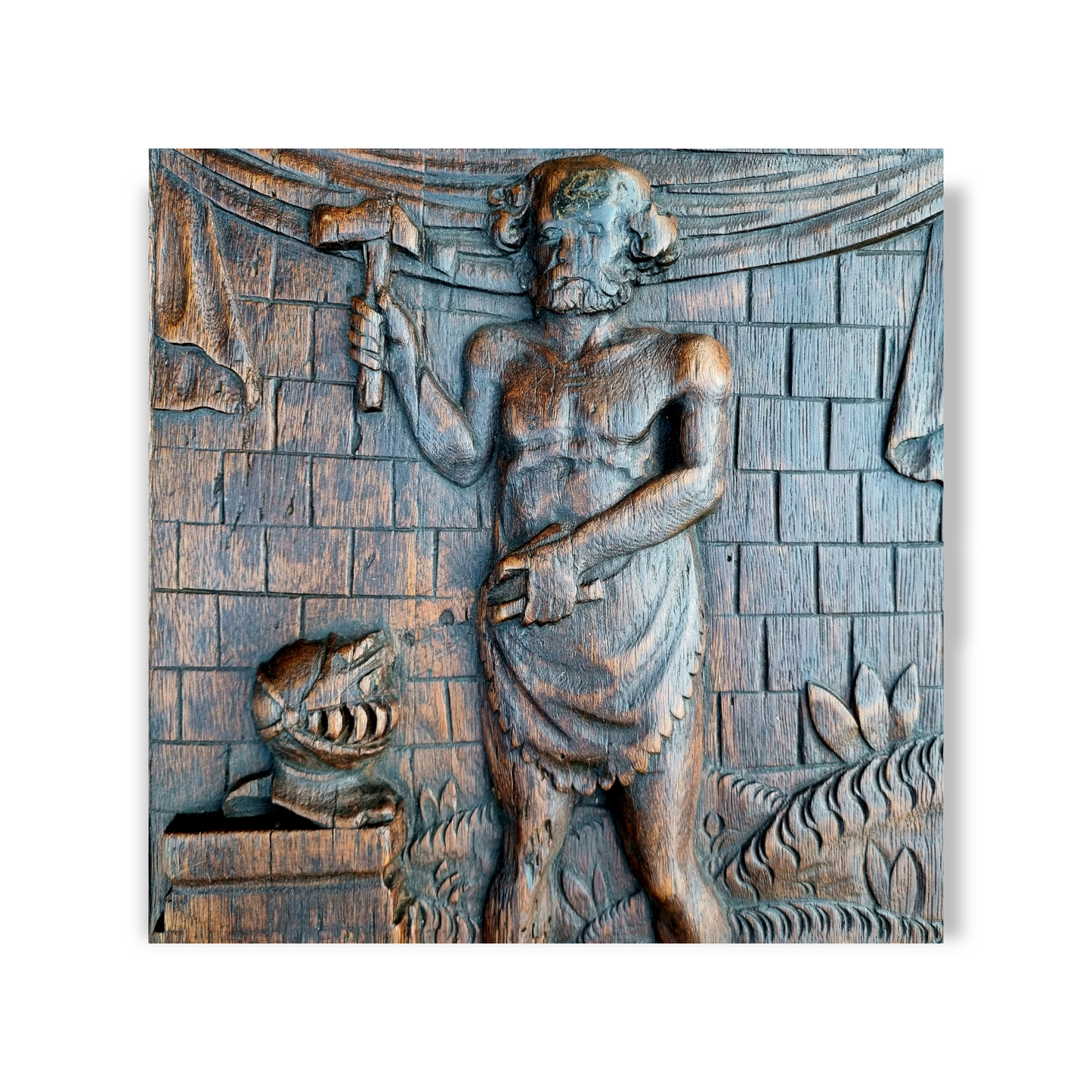 Early 18th Century Flemish Antique Carved Oak Panel Portraying a Blacksmith