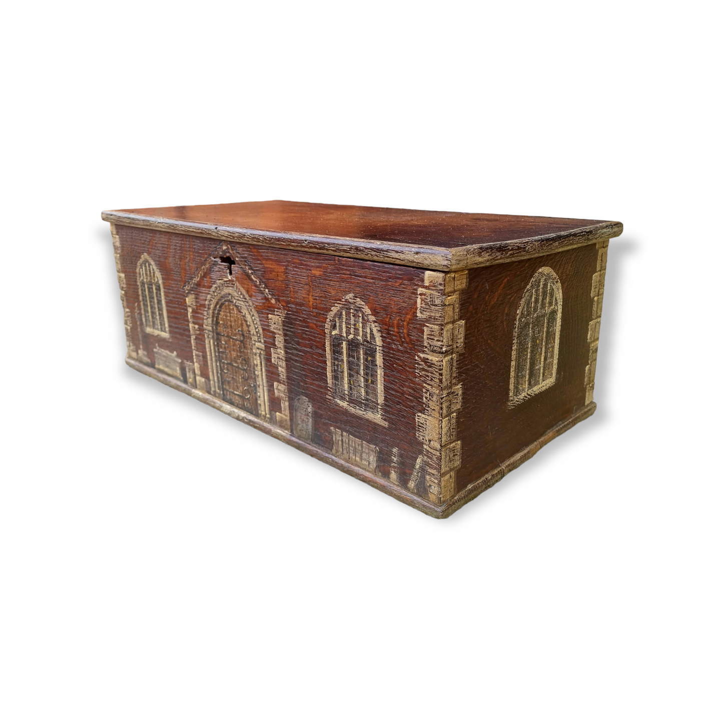 Early 19th Century English Antique Oak Boarded Box With Folk Art Painted Gothic Scene