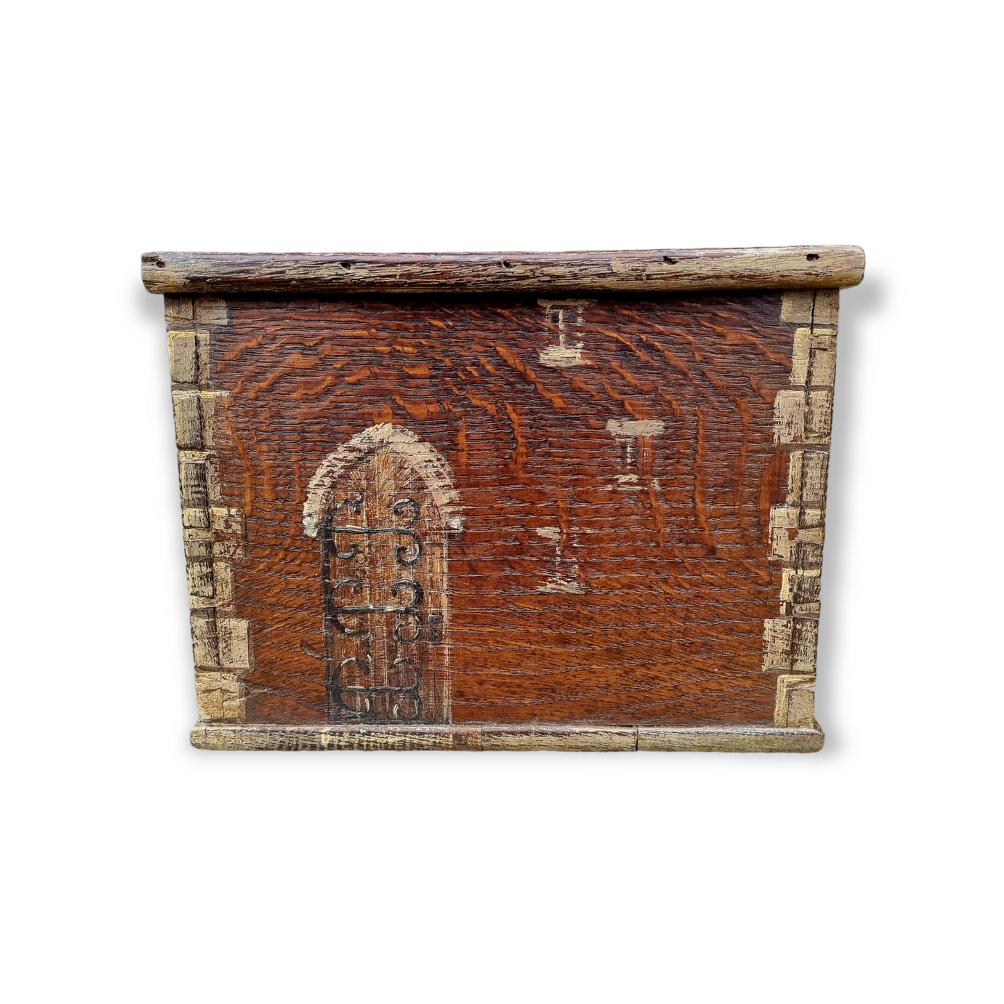 Early 19th Century English Antique Oak Boarded Box With Folk Art Painted Gothic Scene
