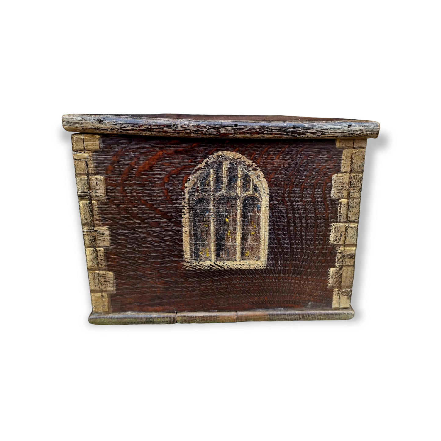 Early 19th Century English Antique Oak Boarded Box With Folk Art Painted Gothic Scene