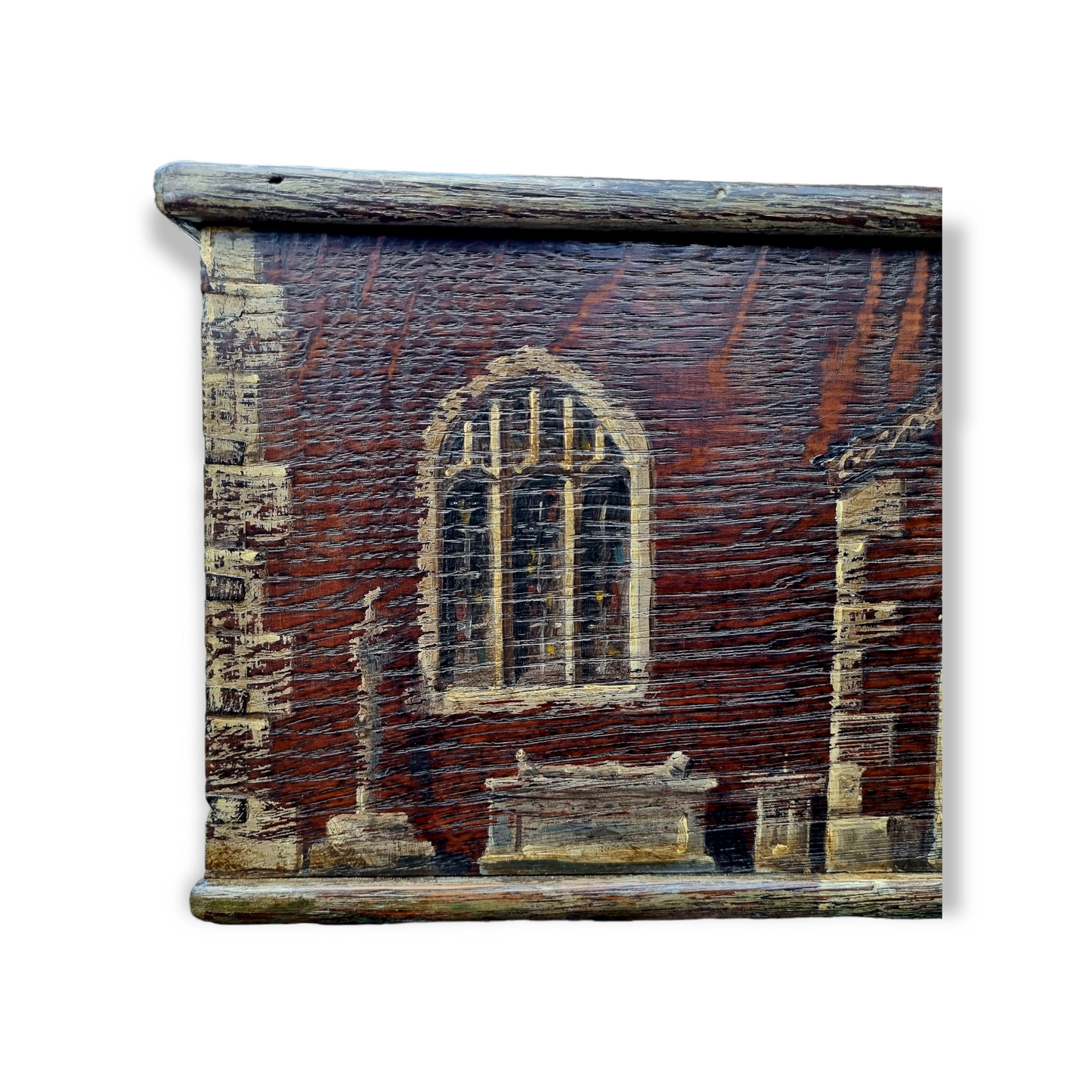 Early 19th Century English Antique Oak Boarded Box With Folk Art Painted Gothic Scene